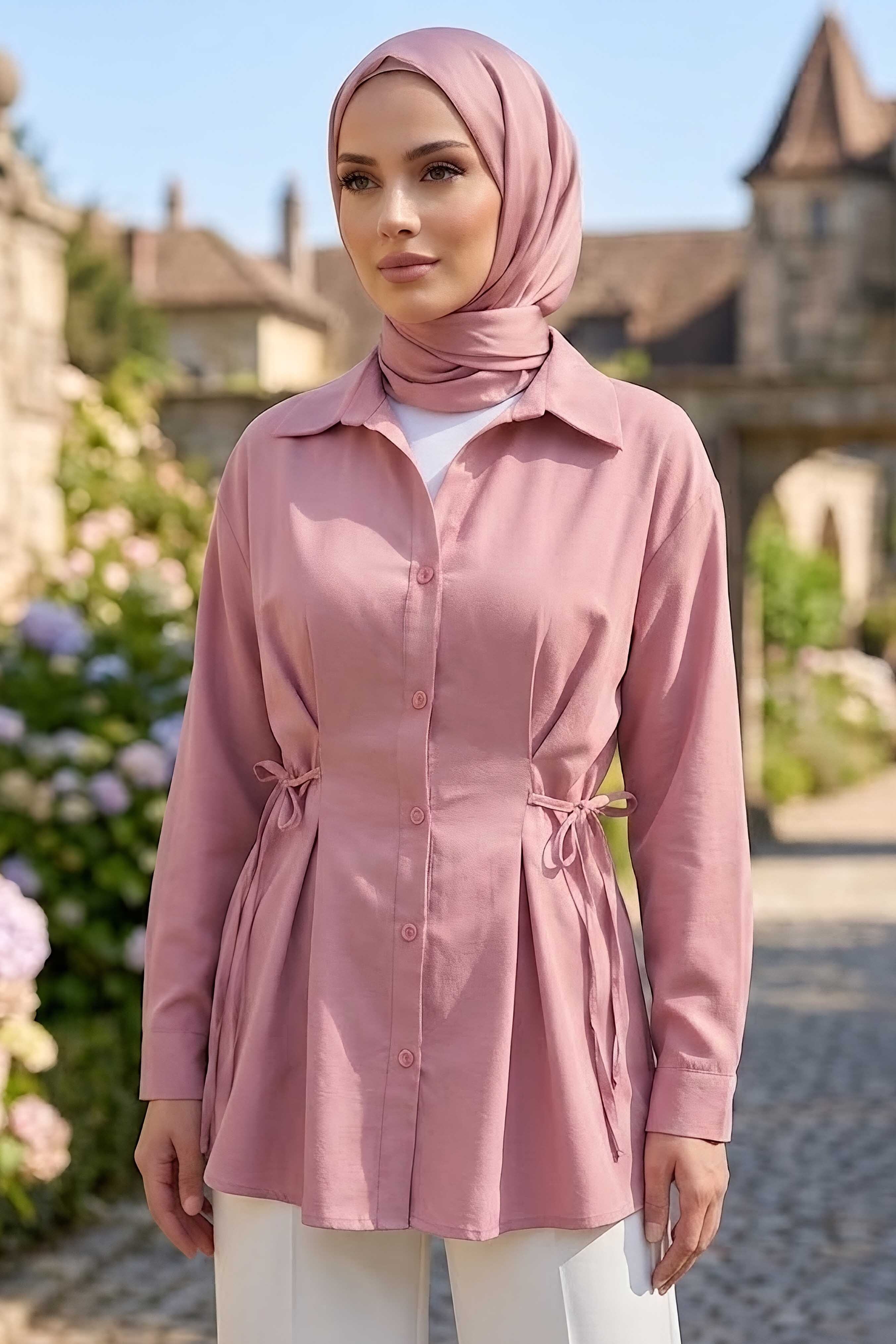 Yanlar Bağcık Detaylı Tunik Gül - 28725-GUL - 1