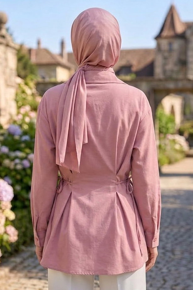 Yanlar Bağcık Detaylı Tunik Gül - 28725-GUL - 3