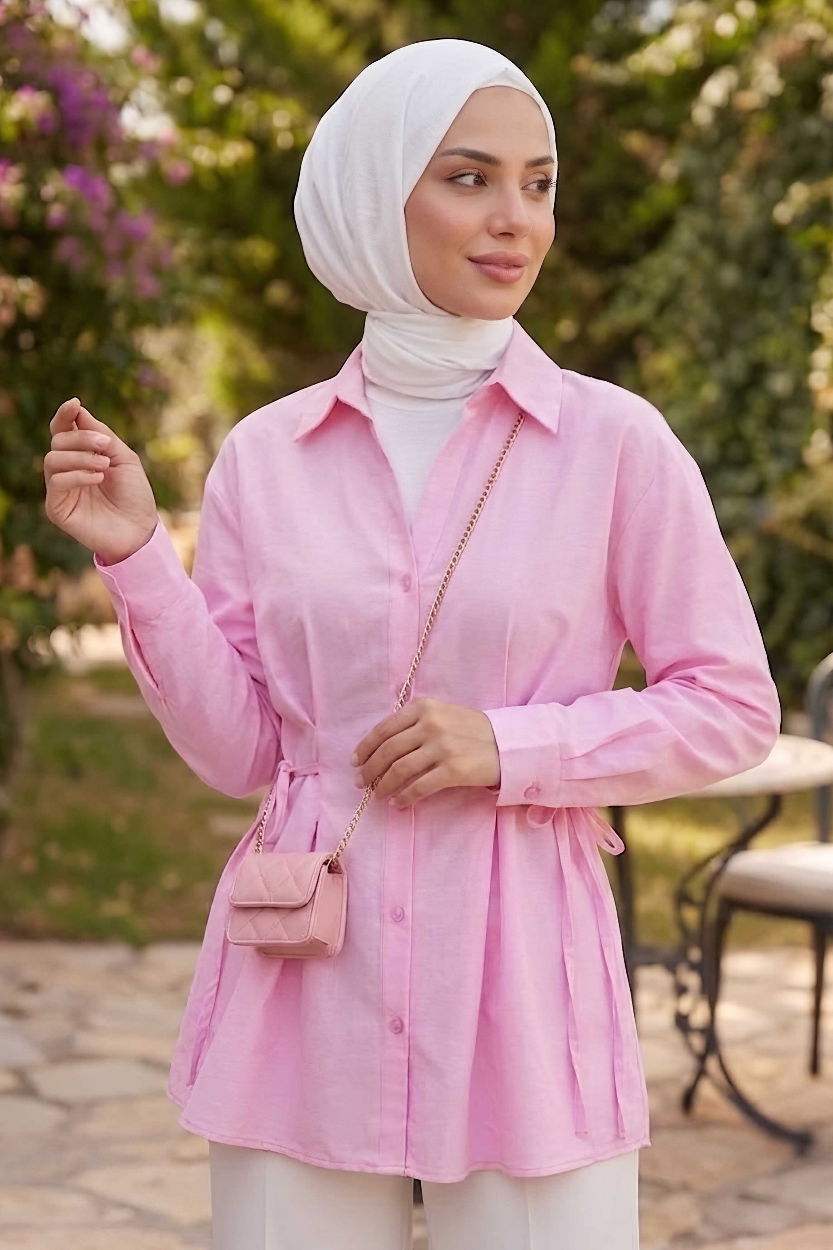 Yanlar Bağcık Detaylı Tunik Pembe - 28725-PEMBE - 1