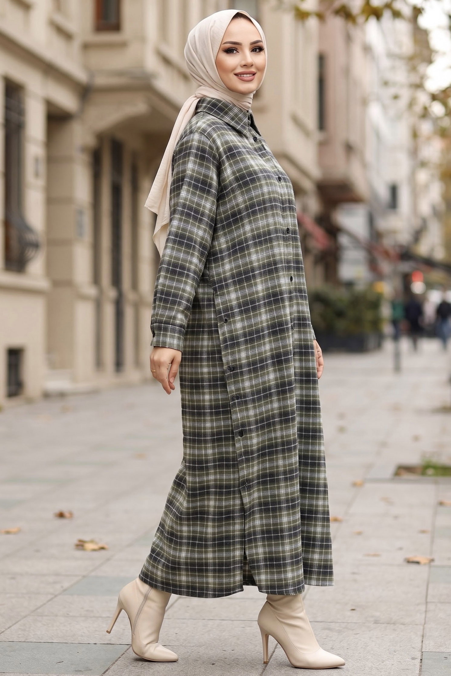 Yanlar Düğmeli Ekoseli Elbise Yesil - 29300-YESIL - 2