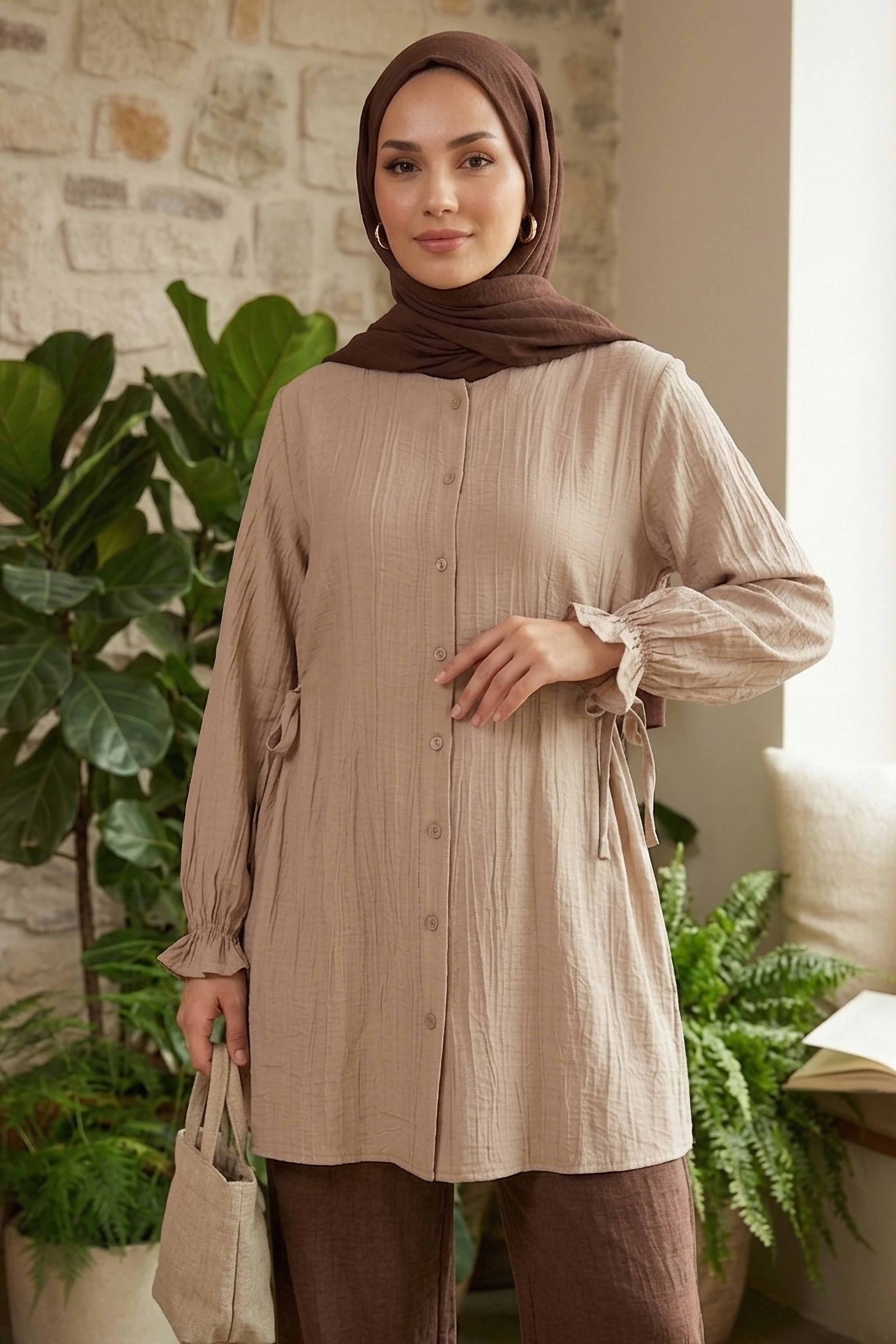 Yanları Bağcık Detaylı Çilek Tunik - 1302-BEJ - 2