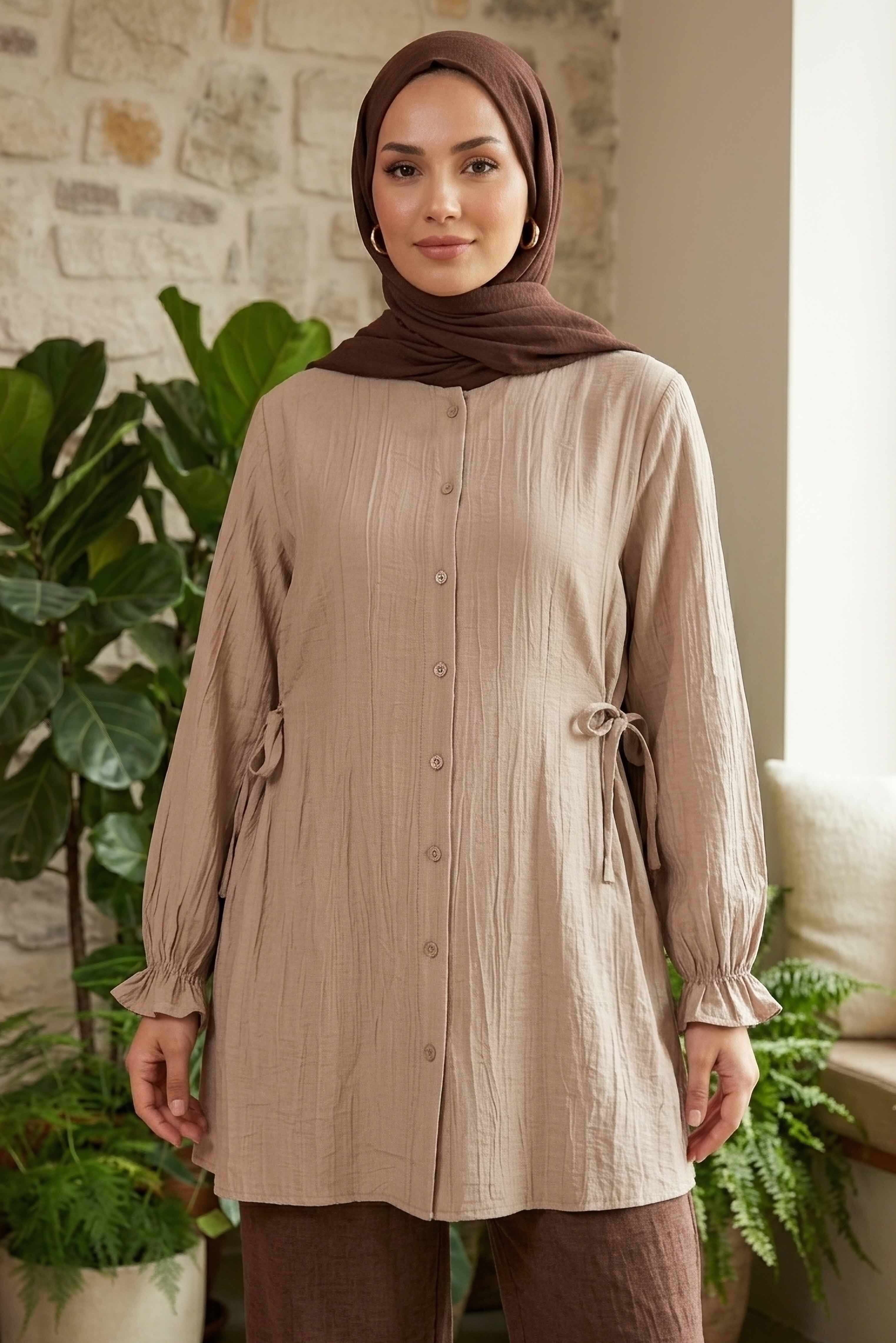 Yanları Bağcık Detaylı Çilek Tunik - 1302-BEJ - 3