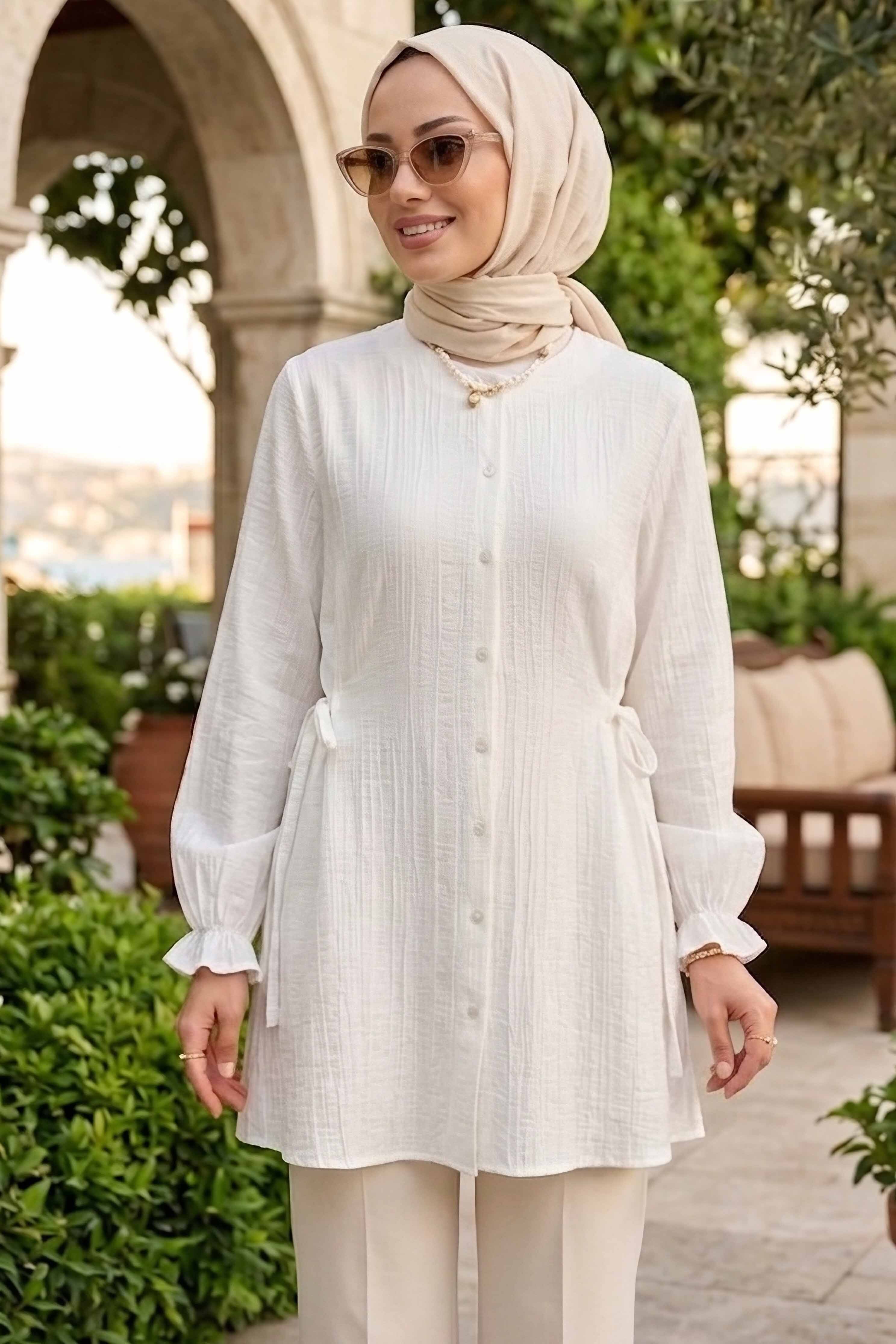 Yanları Bağcık Detaylı Çilek Tunik - 1302-BEYAZ - 1