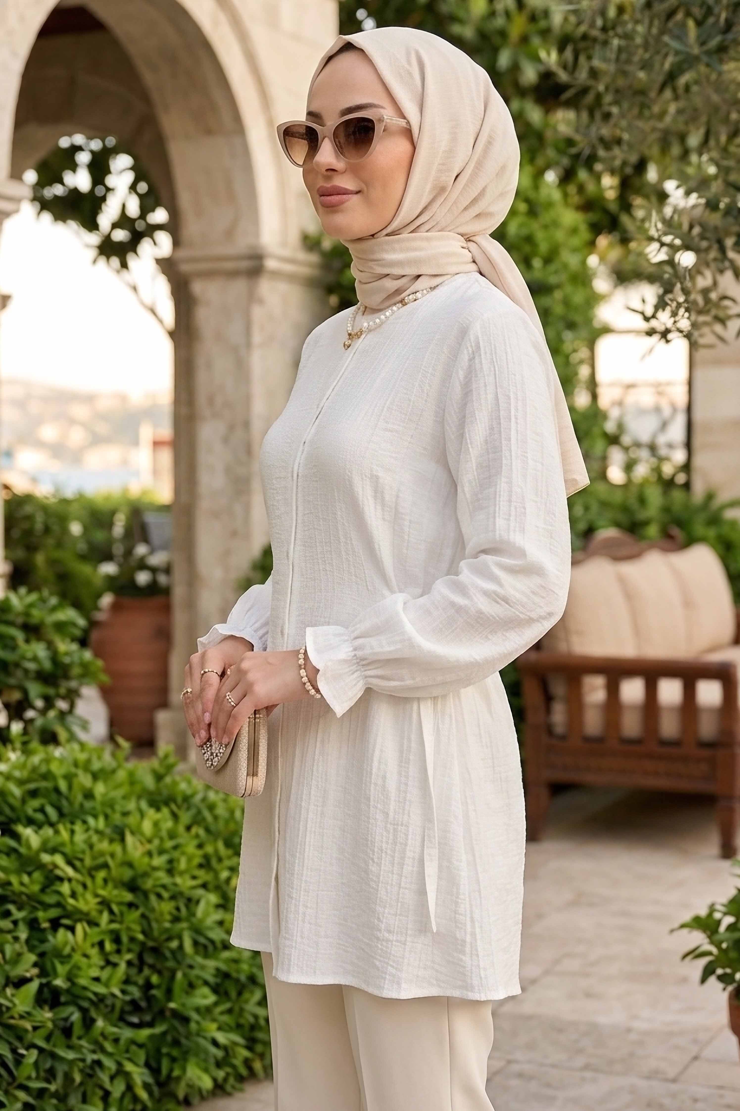 Yanları Bağcık Detaylı Çilek Tunik - 1302-BEYAZ - 2