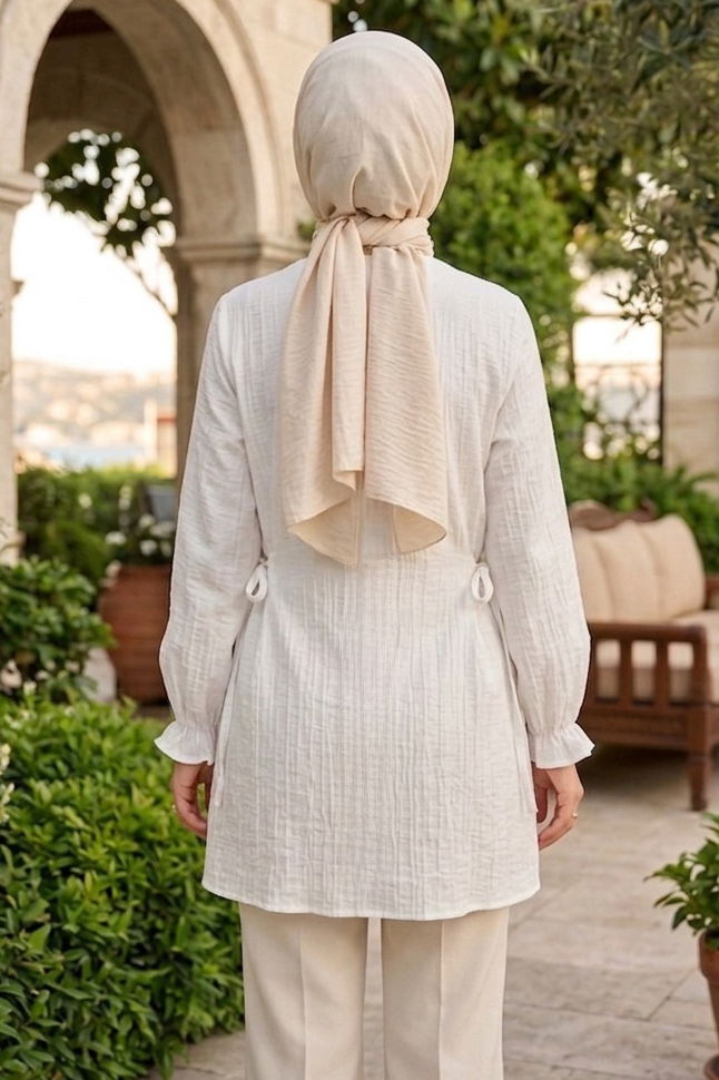 Yanları Bağcık Detaylı Çilek Tunik - 1302-BEYAZ - 3