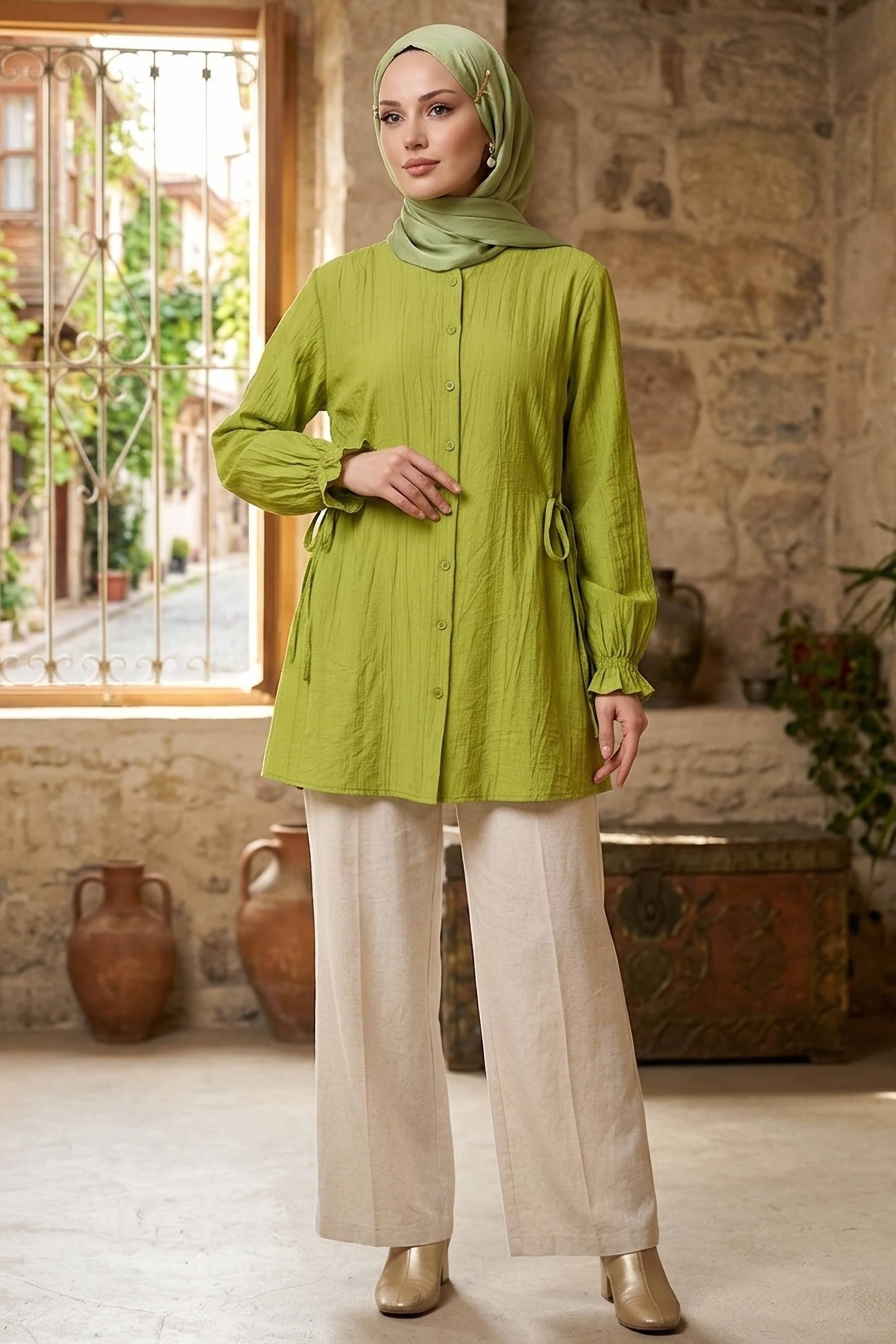 Yanları Bağcık Detaylı Çilek Tunik - 1302-FISTIK-YESILI - 1