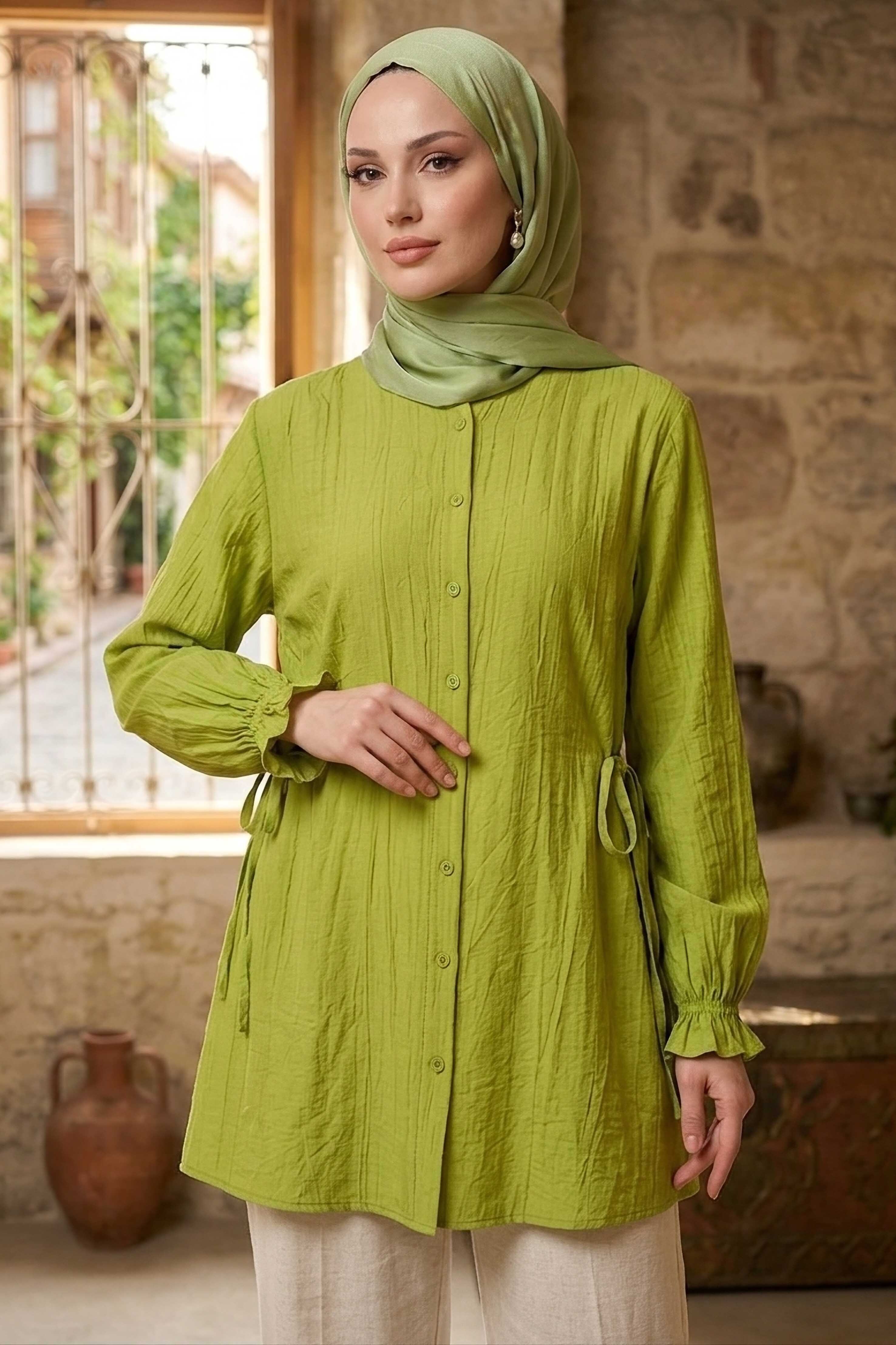 Yanları Bağcık Detaylı Çilek Tunik - 1302-FISTIK-YESILI - 2