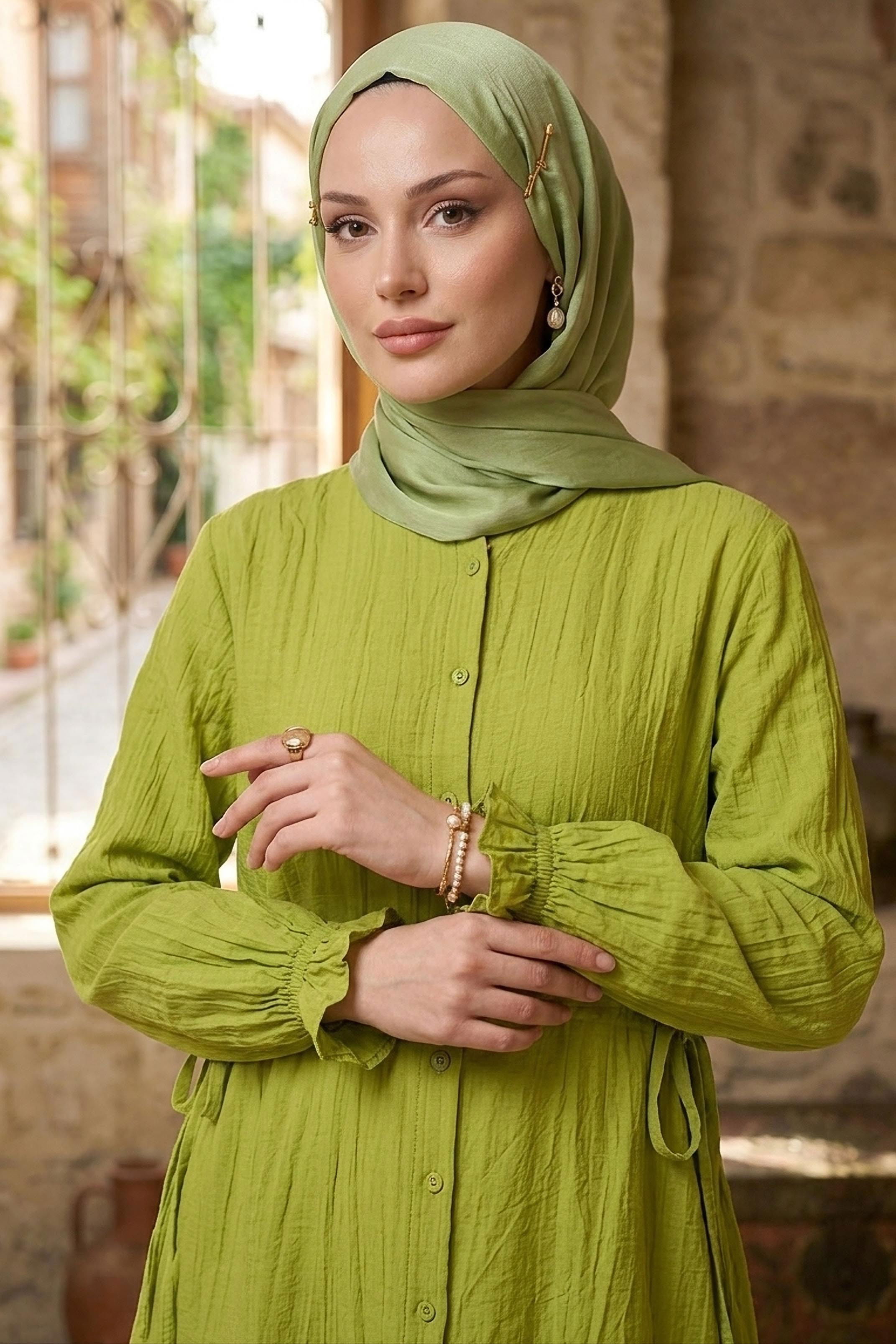 Yanları Bağcık Detaylı Çilek Tunik - 1302-FISTIK-YESILI - 3