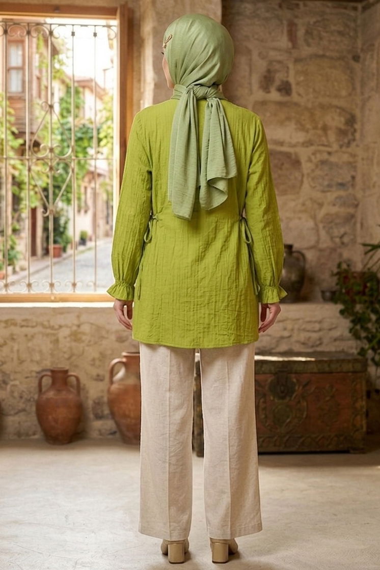 Yanları Bağcık Detaylı Çilek Tunik - 1302-FISTIK-YESILI - 4