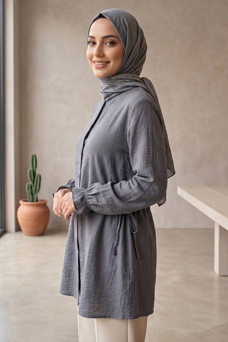 Yanları Bağcık Detaylı Çilek Tunik - 1302-FUME - 2