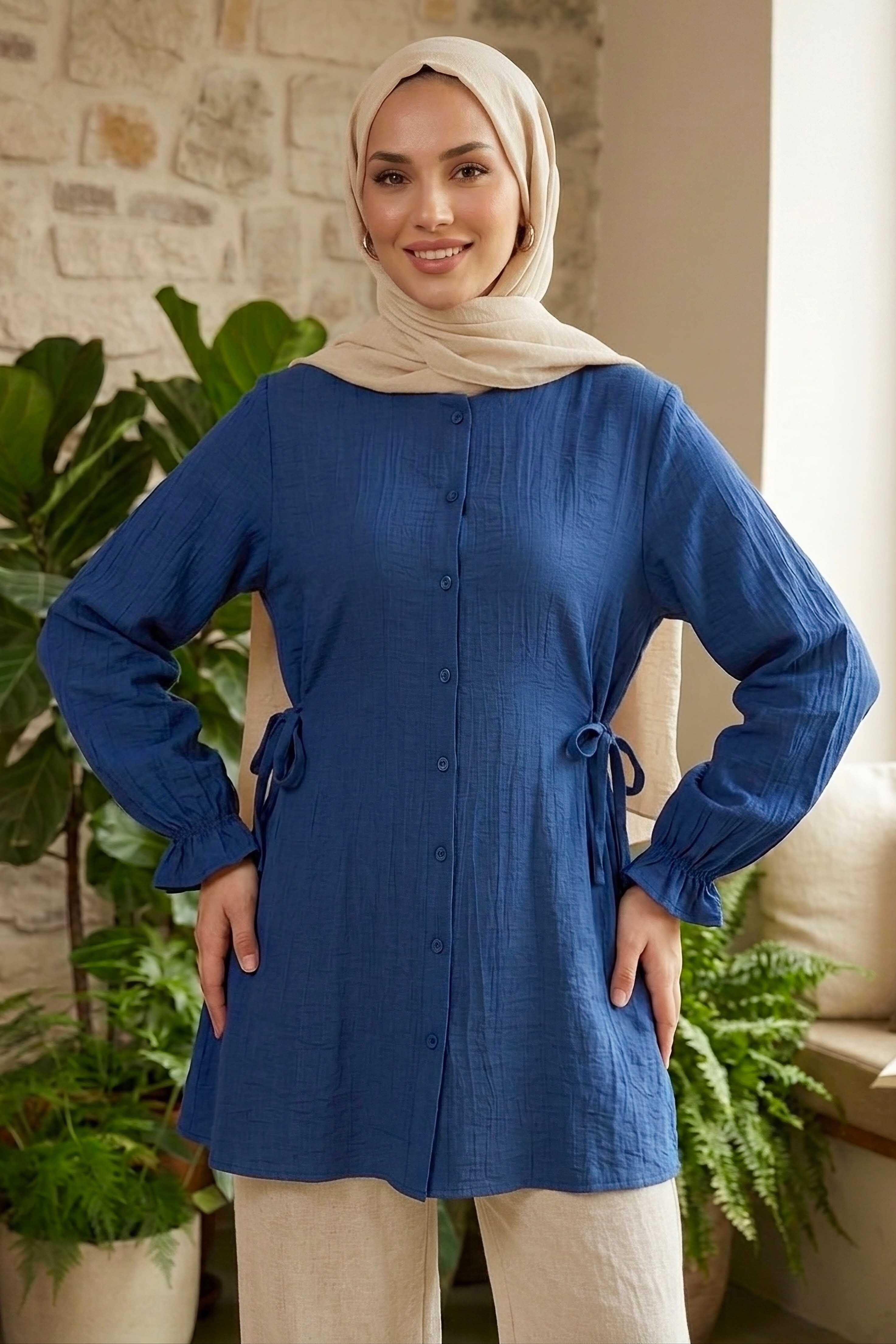 Yanları Bağcık Detaylı Çilek Tunik - 1302-INDIGO - 1