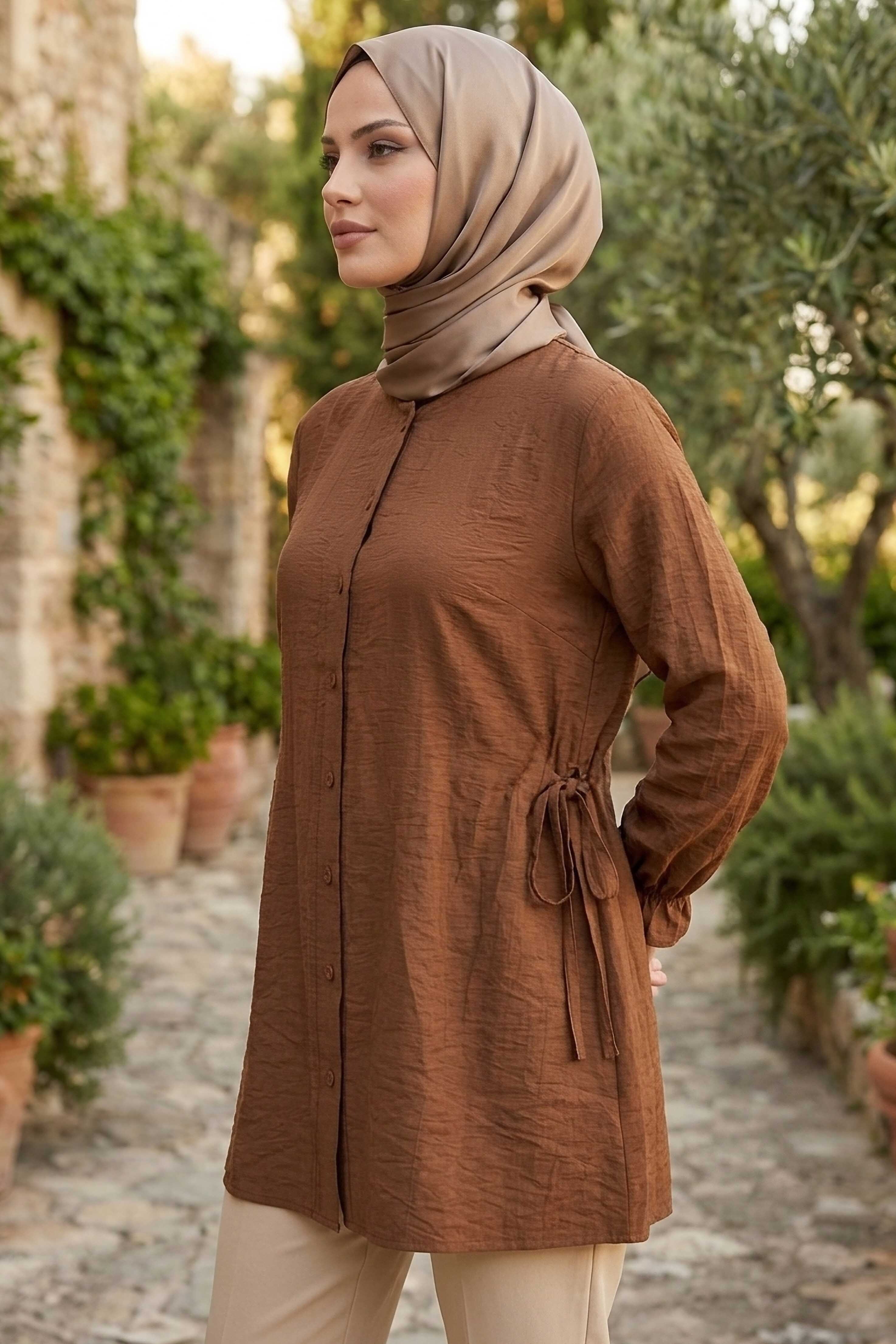 Yanları Bağcık Detaylı Çilek Tunik - 1302-KAHVE - 1
