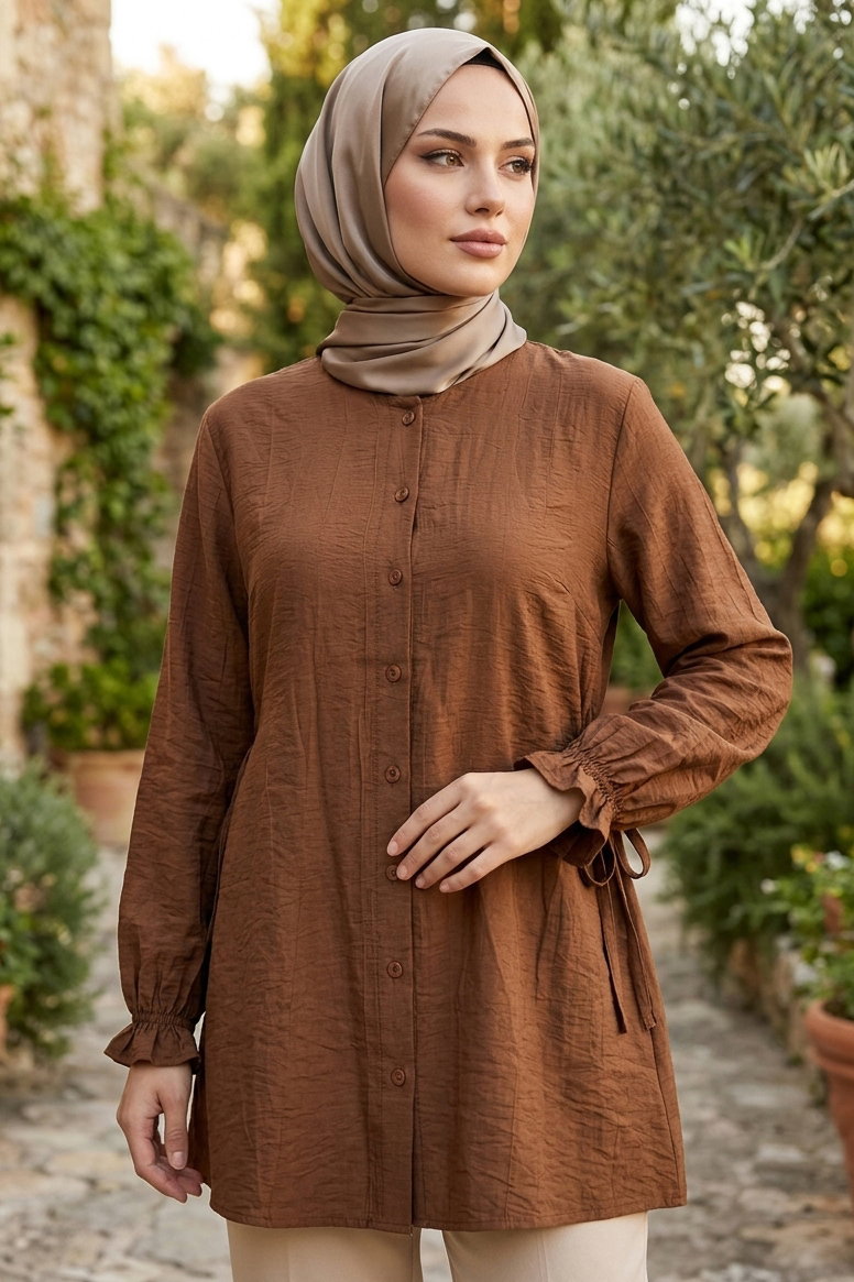 Yanları Bağcık Detaylı Çilek Tunik - 1302-KAHVE - 2