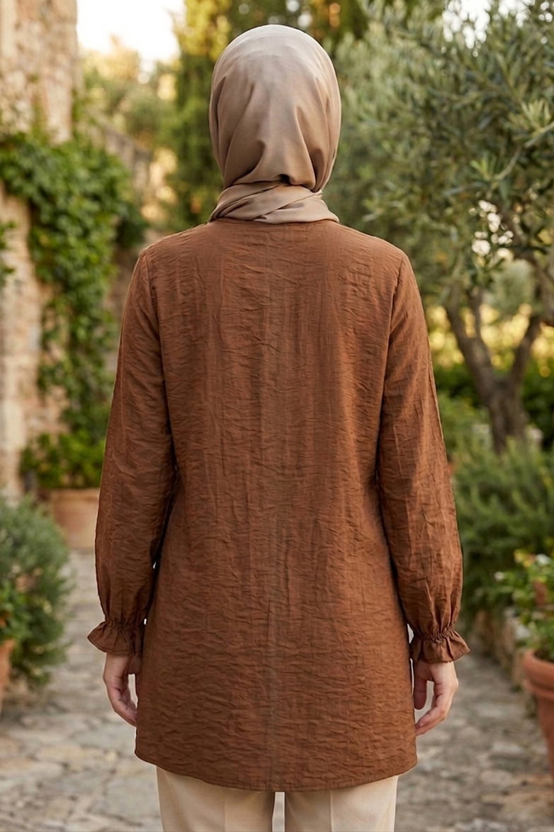 Yanları Bağcık Detaylı Çilek Tunik - 1302-KAHVE - 3