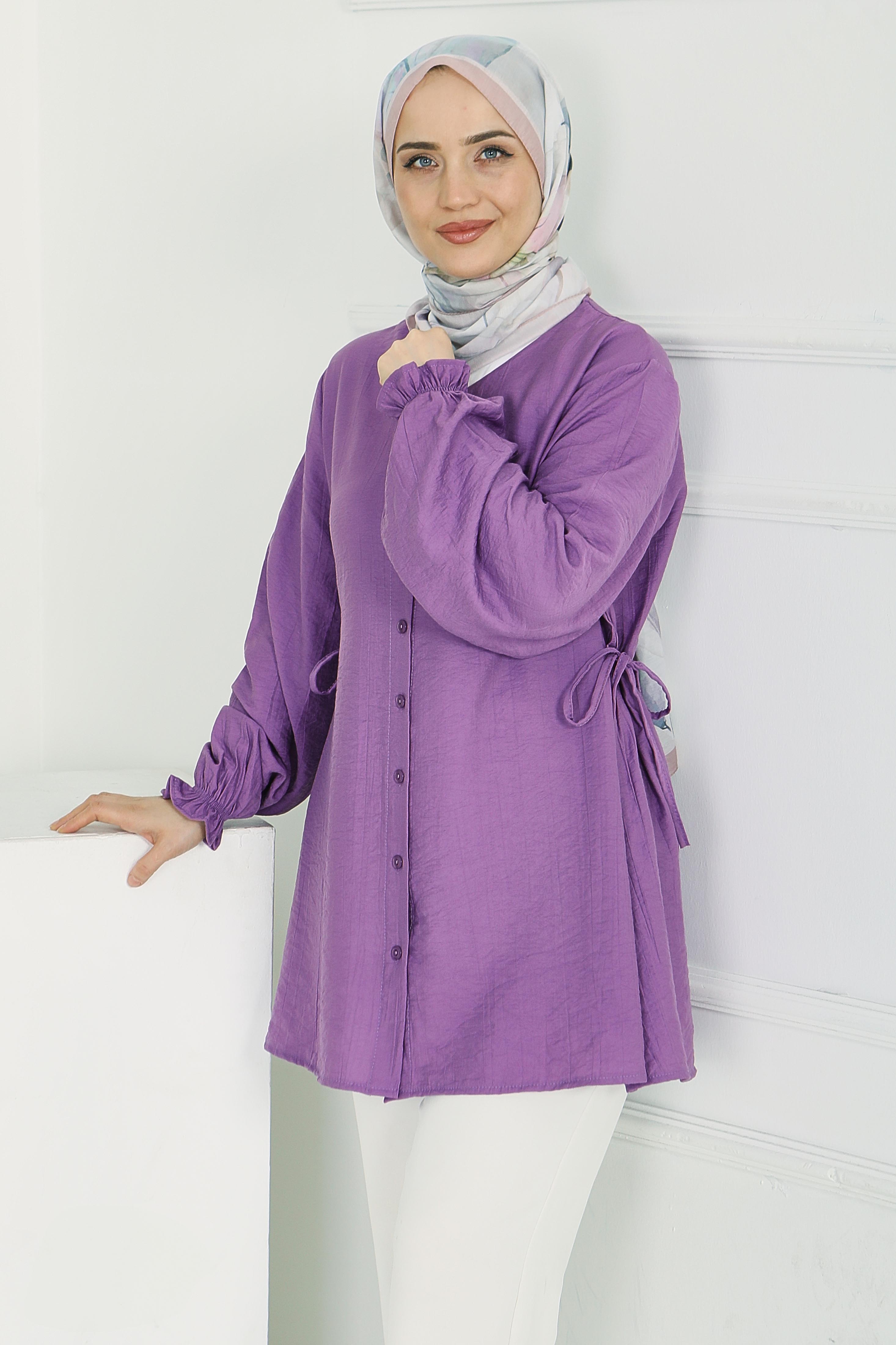 Yanları Bağcık Detaylı Çilek Tunik - 1302-LILA - 1