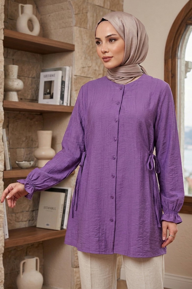 Yanları Bağcık Detaylı Çilek Tunik - 1302-LILA - 2