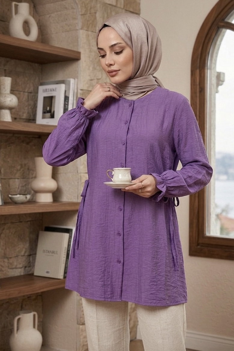 Yanları Bağcık Detaylı Çilek Tunik - 1302-LILA - 1