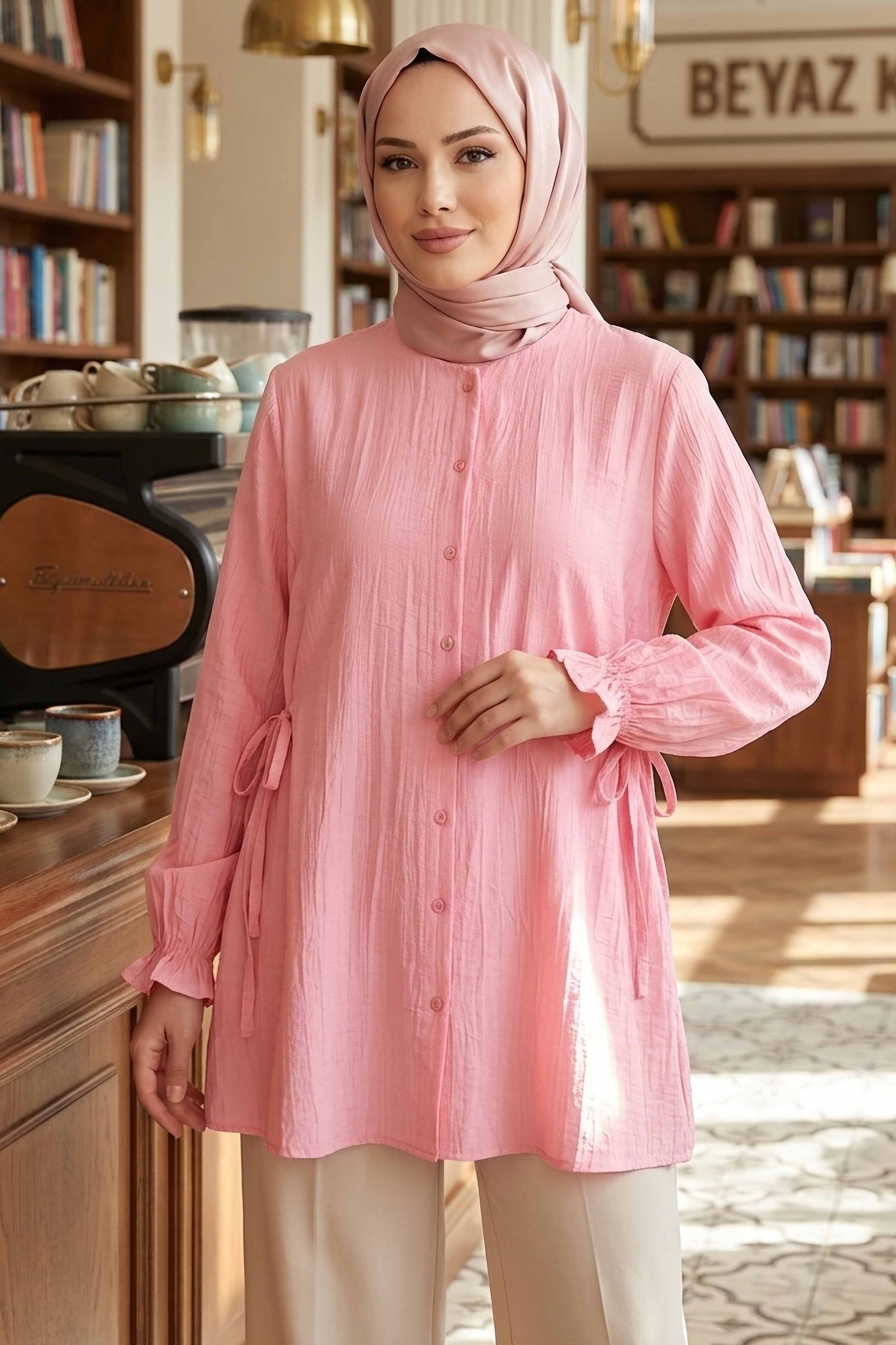 Yanları Bağcık Detaylı Çilek Tunik - 1302-PEMBE - 1