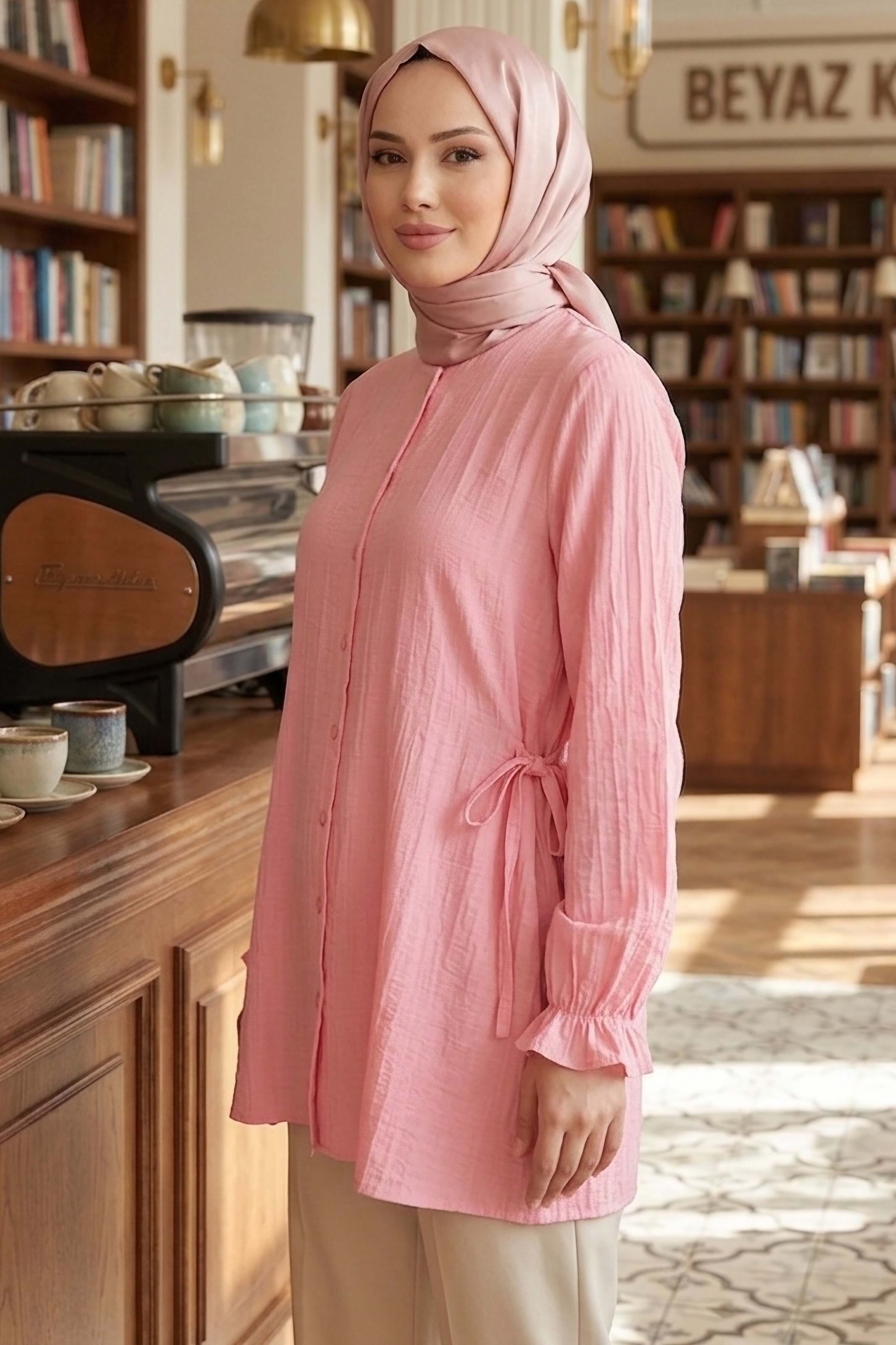 Yanları Bağcık Detaylı Çilek Tunik - 1302-PEMBE - 2