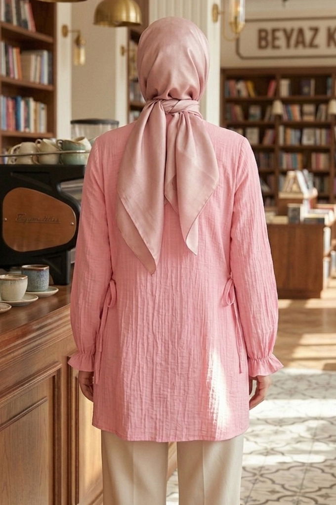 Yanları Bağcık Detaylı Çilek Tunik - 1302-PEMBE - 3