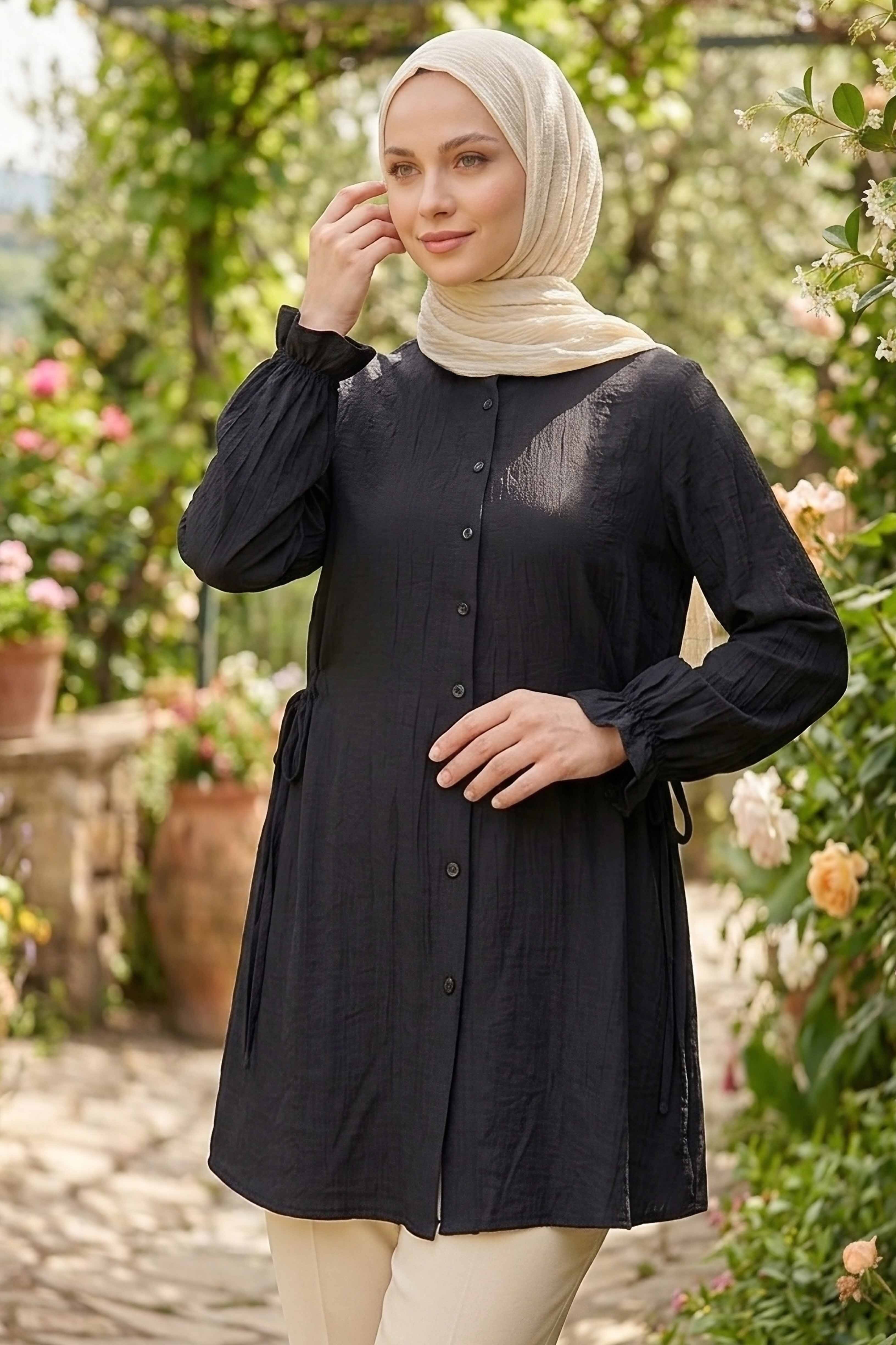 Yanları Bağcık Detaylı Çilek Tunik - 1302-SIYAH - 1