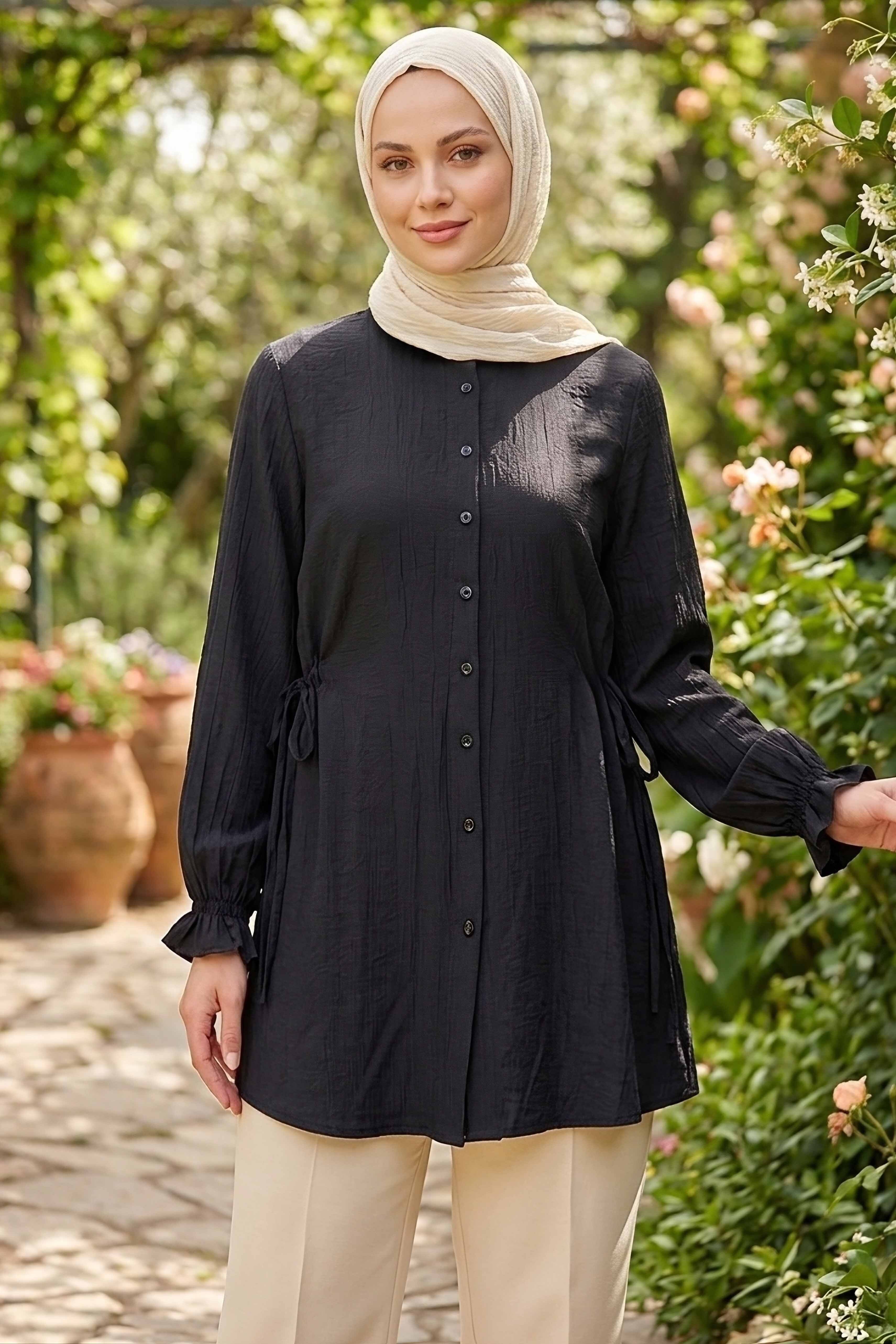 Yanları Bağcık Detaylı Çilek Tunik - 1302-SIYAH - 2