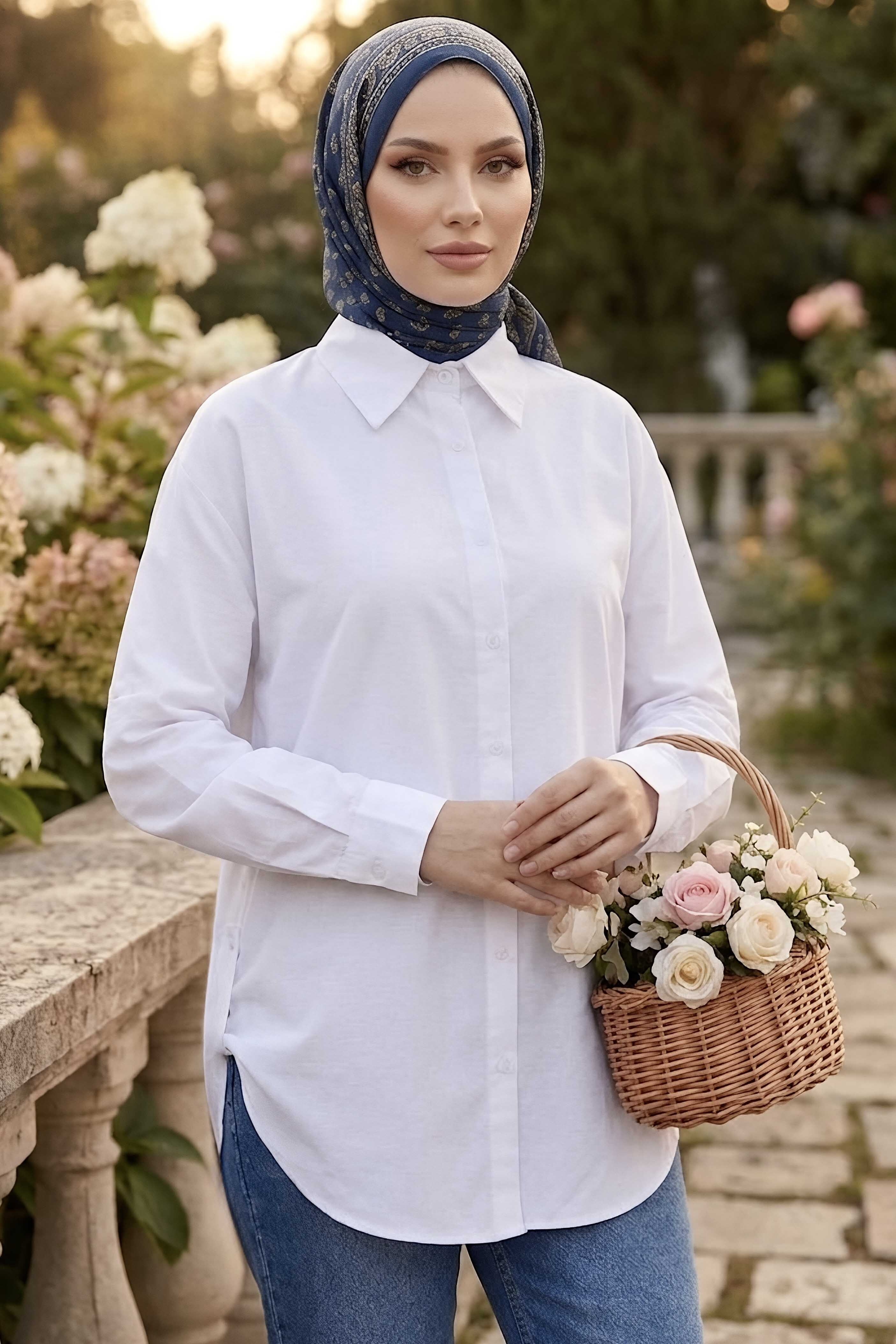 Yanları Düğme Detaylı Düz Gömlek Beyaz - 1335-BEYAZ - 2