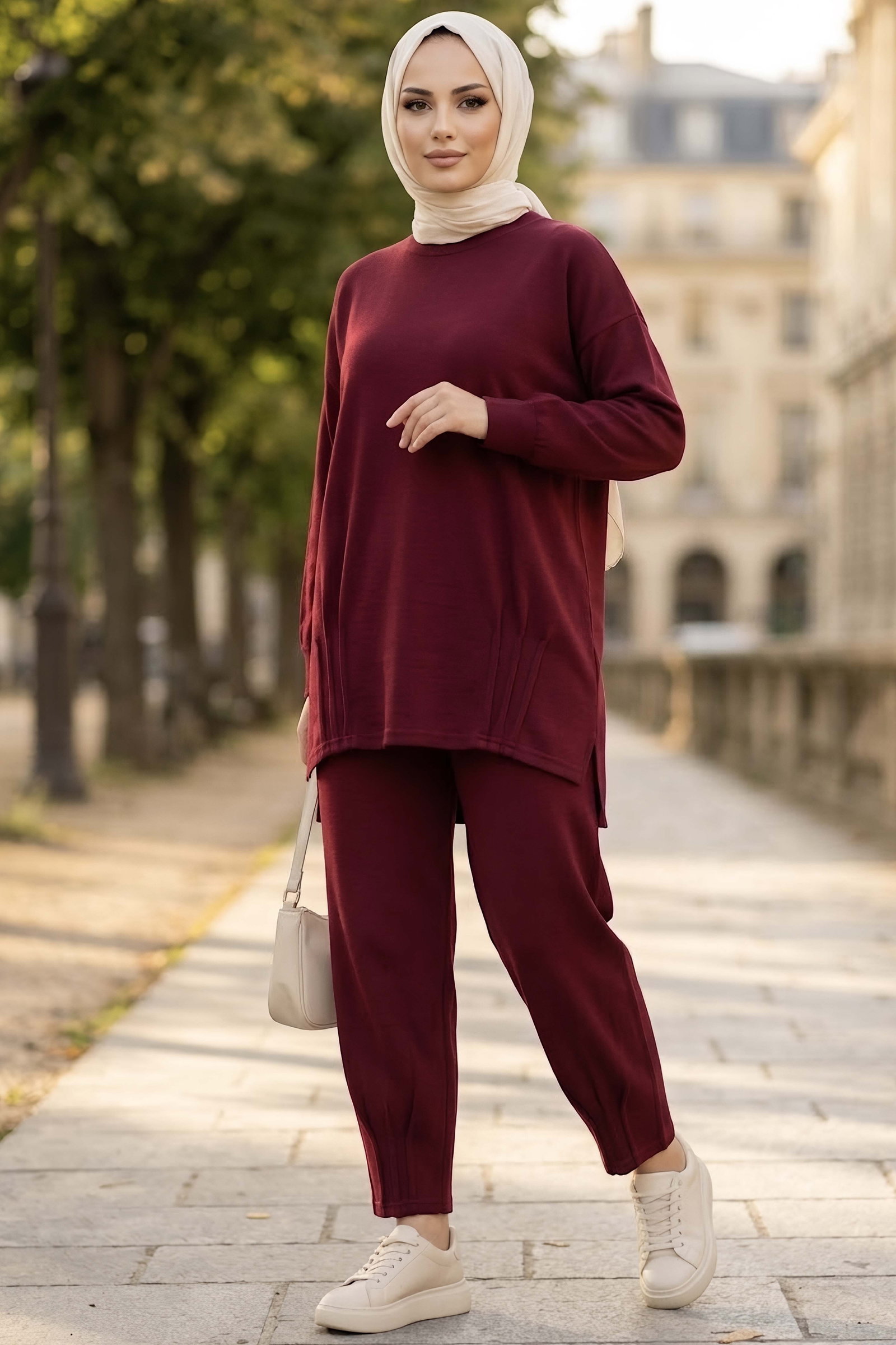 Yanları Pile Detaylı Oysh Modal Takım Bordo - CK1354-BORDO - 1