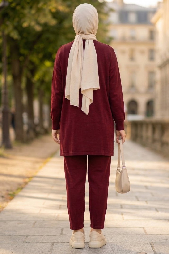 Yanları Pile Detaylı Oysh Modal Takım Bordo - CK1354-BORDO - 3