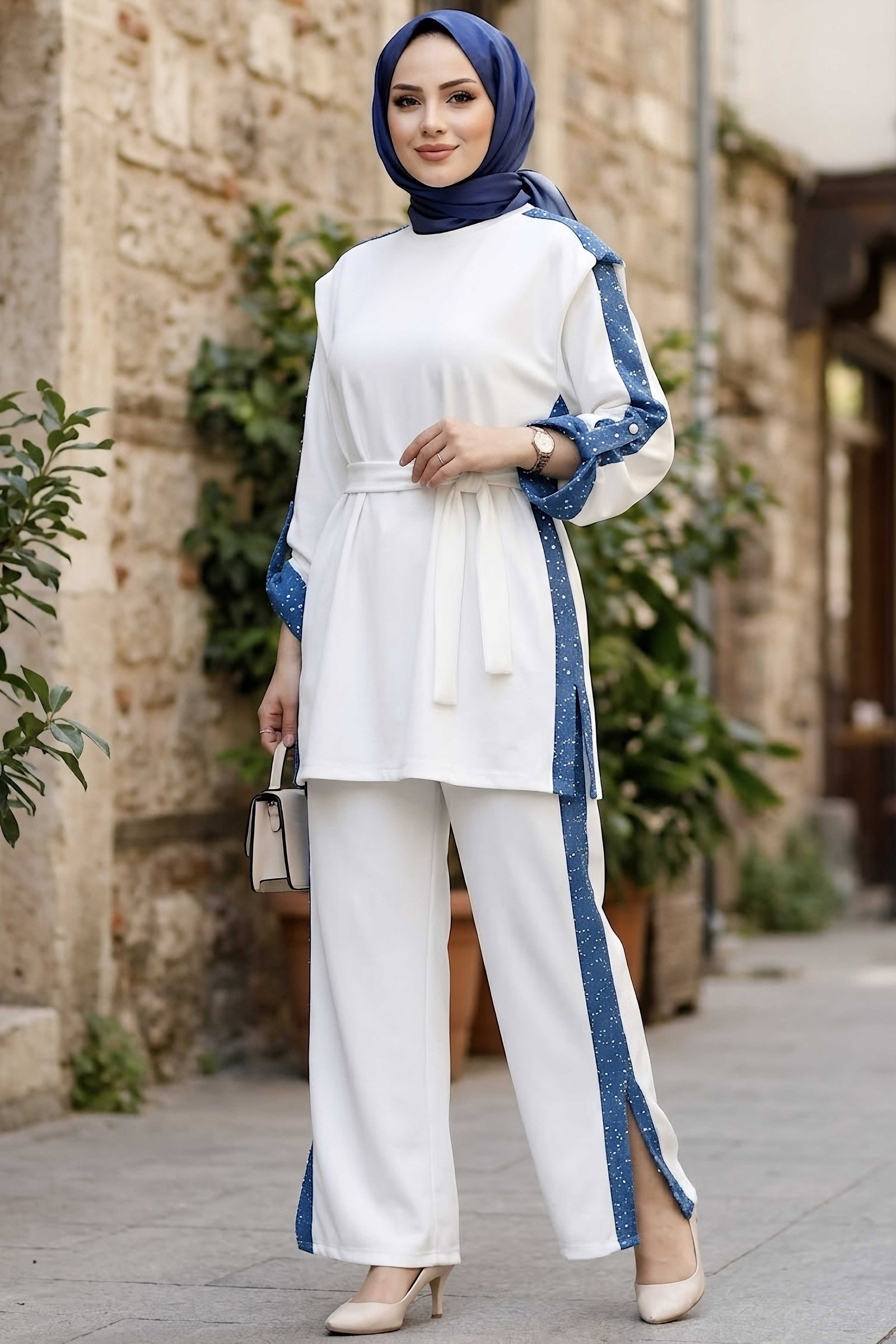 Yanları Pul Şerit Detaylı Oysh Modal Takım Beyaz - 29152-BEYAZ - 2