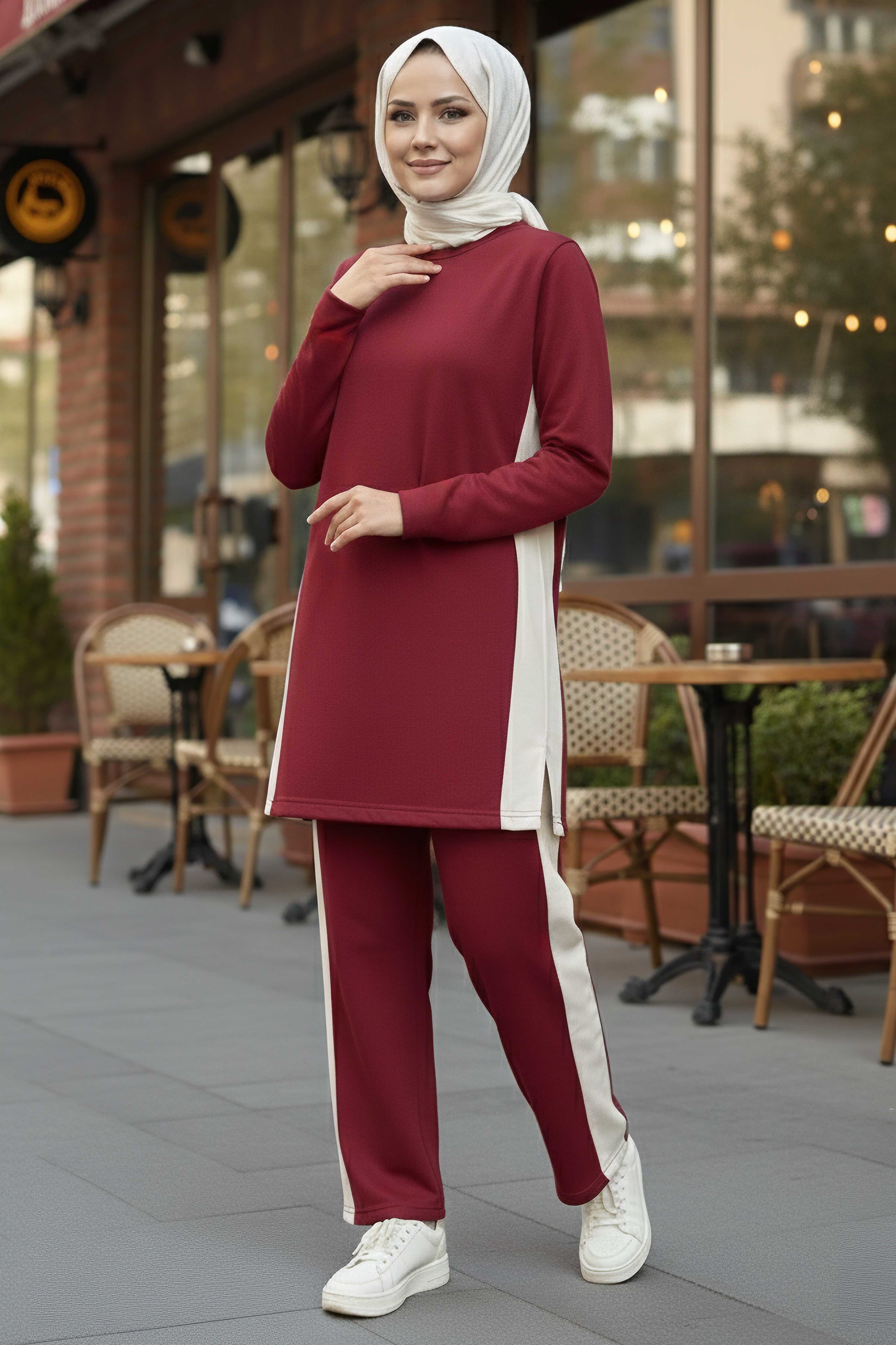 Yanları Şerit Detaylı İkili Takım - 2055-BORDO - 1