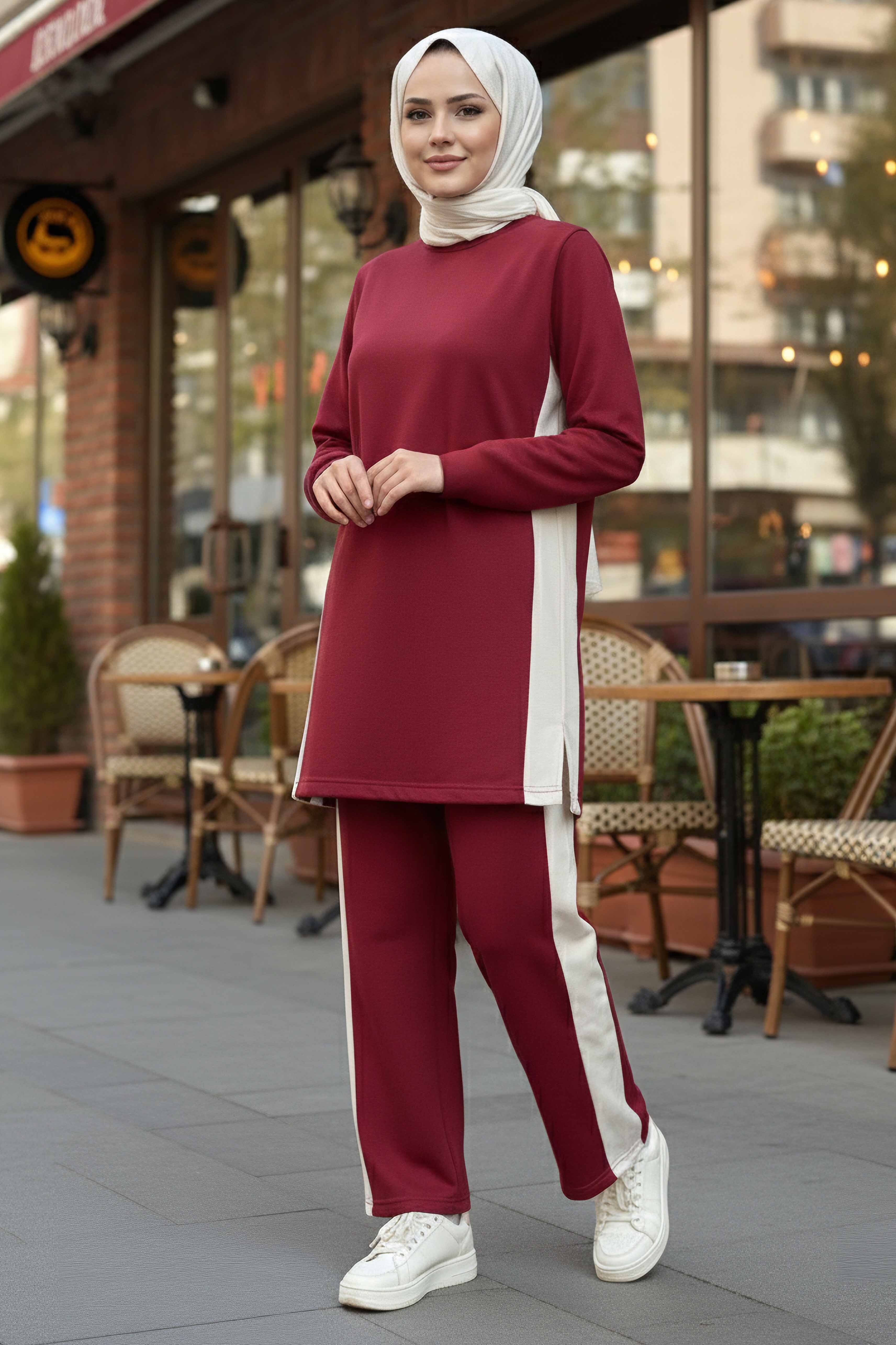 Yanları Şerit Detaylı İkili Takım - 2055-BORDO - 2