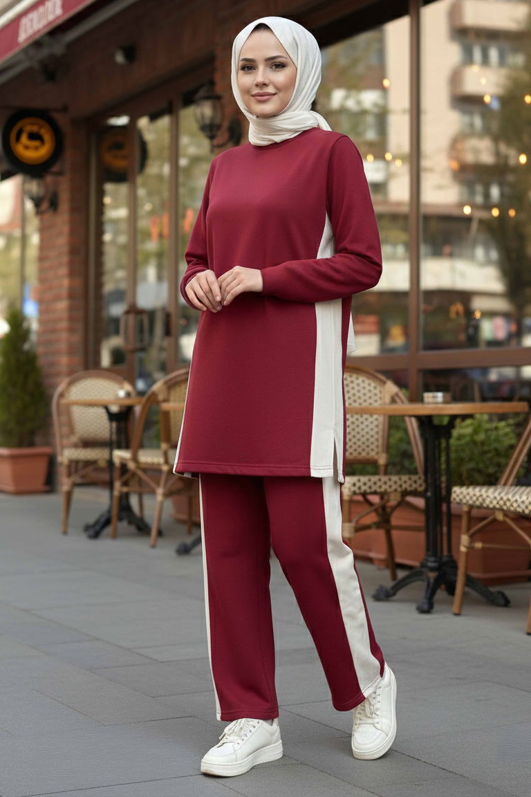 Yanları Şerit Detaylı İkili Takım - 2055-BORDO - TOFİSA