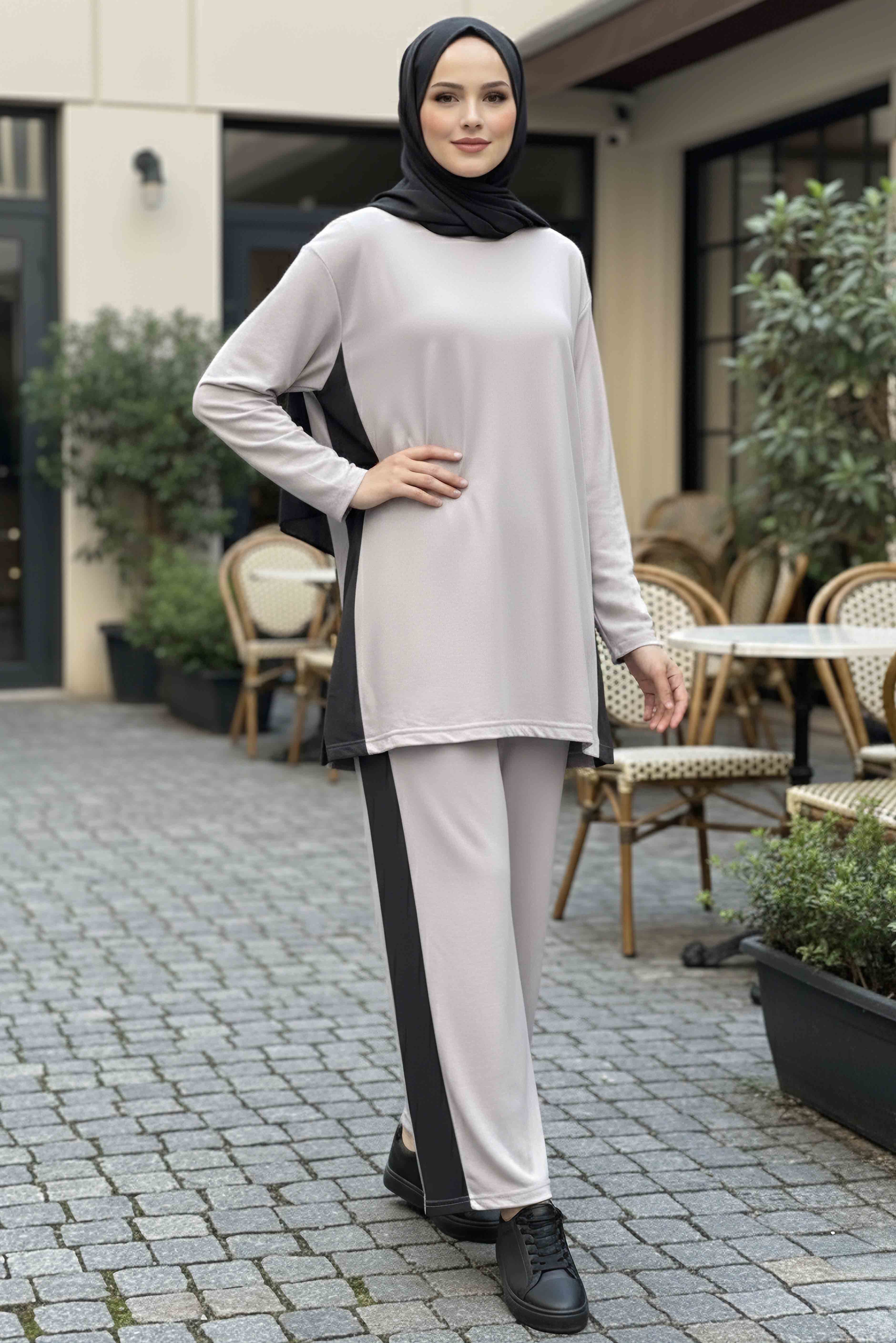 Yanları Şerit Detaylı İkili Takım - 2055-GRI - 1