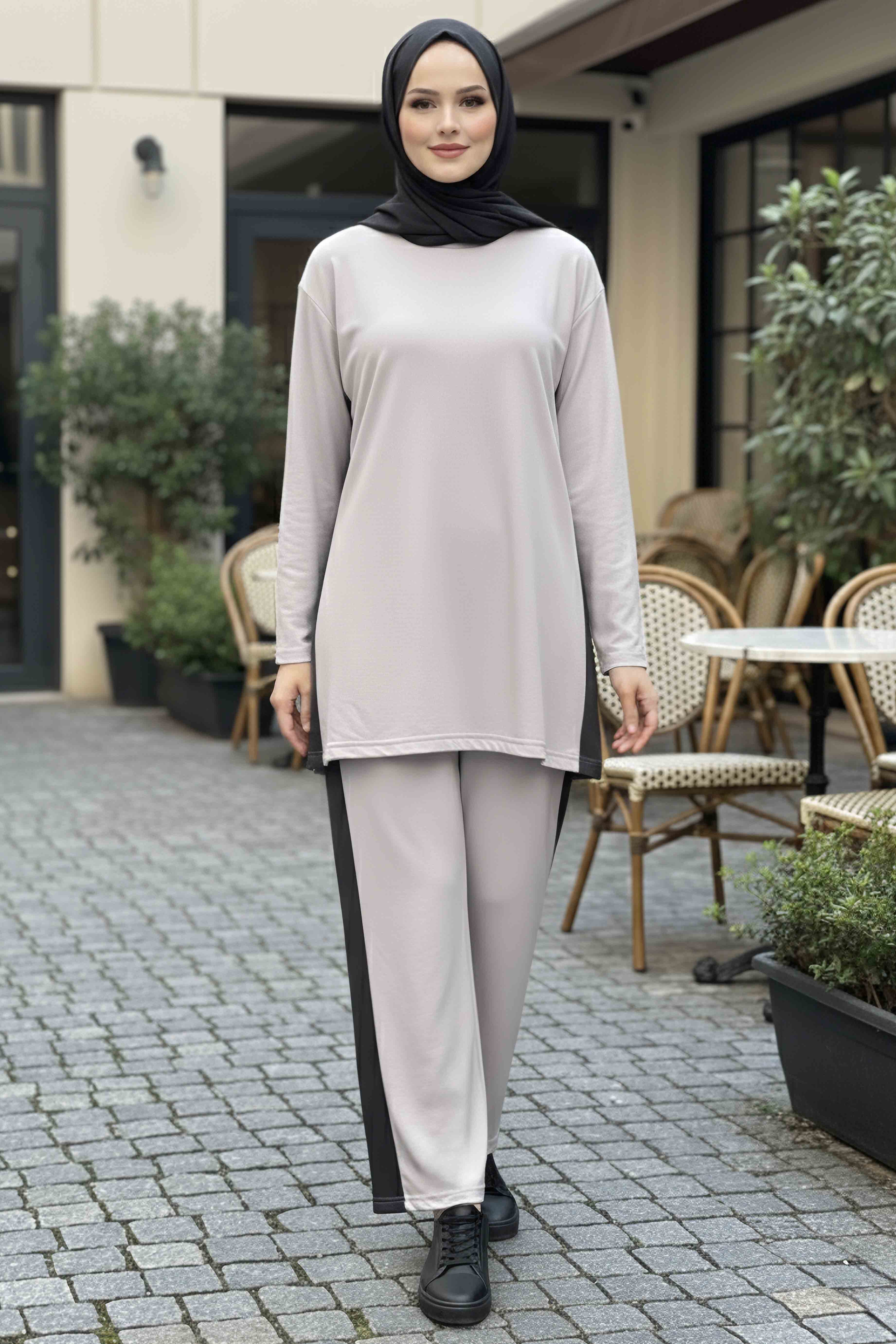 Yanları Şerit Detaylı İkili Takım - 2055-GRI - 2