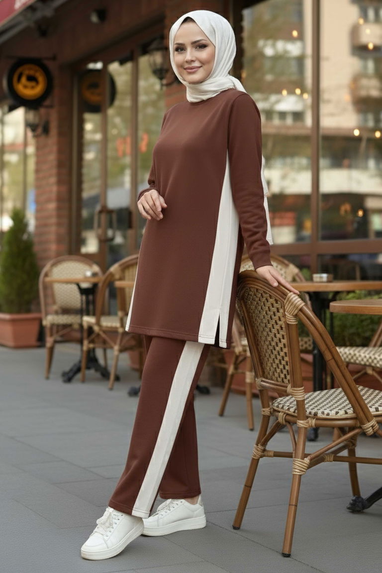 Yanları Şerit Detaylı İkili Takım - 2055-KAHVE - TOFİSA