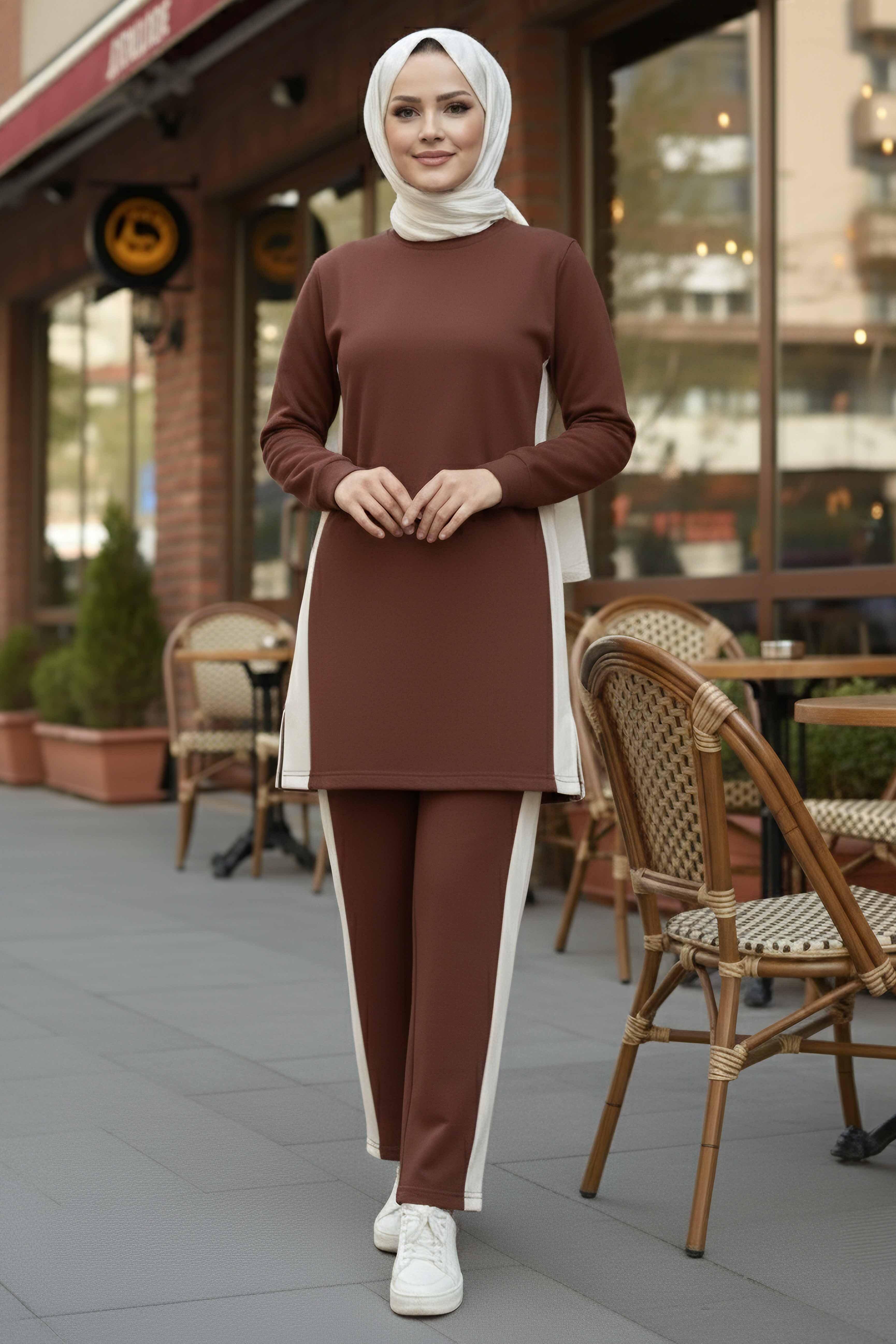 Yanları Şerit Detaylı İkili Takım - 2055-KAHVE - 2