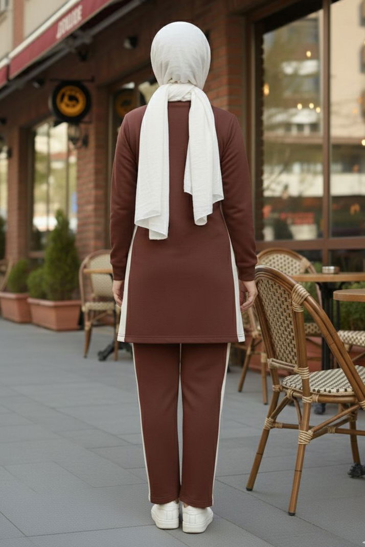 Yanları Şerit Detaylı İkili Takım - 2055-KAHVE - TOFİSA