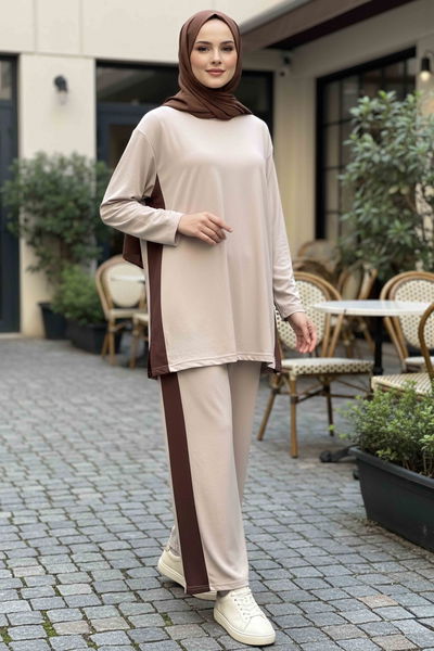 Yanları Şerit Detaylı İkili Takım - 2055-KREM 