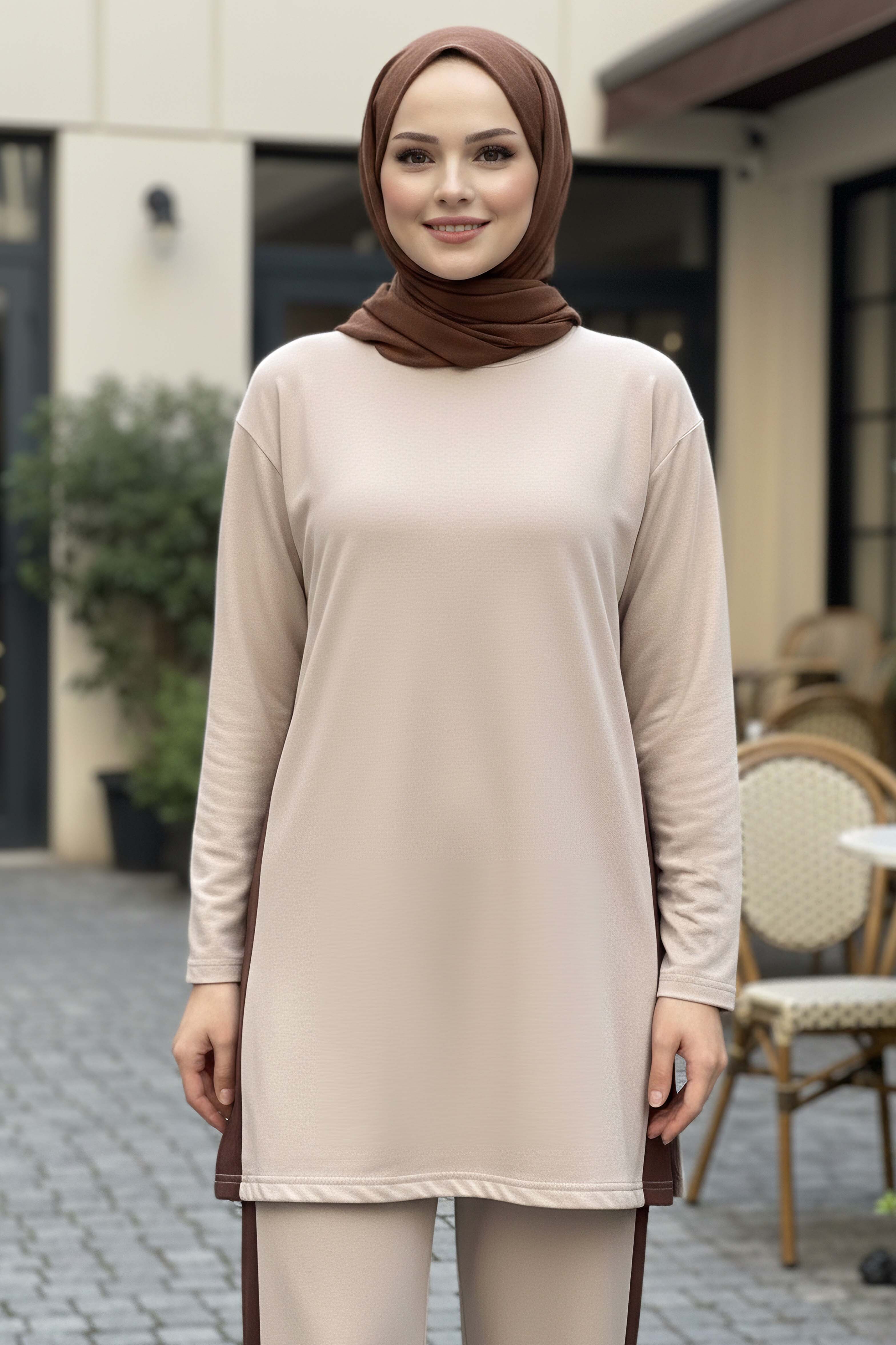 Yanları Şerit Detaylı İkili Takım - 2055-KREM - 2