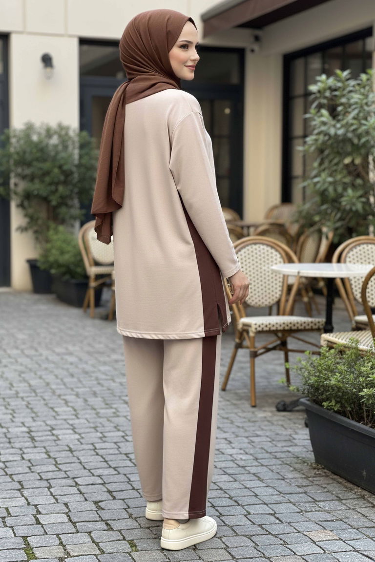 Yanları Şerit Detaylı İkili Takım - 2055-KREM - TOFİSA