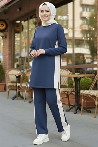 Yanları Şerit Detaylı İkili Takım - 2055-LACIVERT 