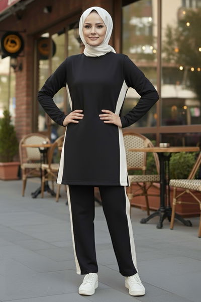 Yanları Şerit Detaylı İkili Takım - 2055-SIYAH 