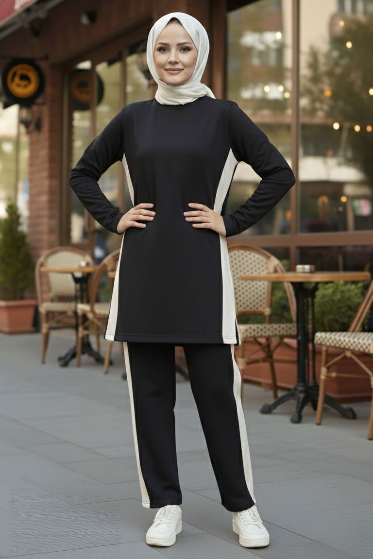 Yanları Şerit Detaylı İkili Takım - 2055-SIYAH - TOFİSA