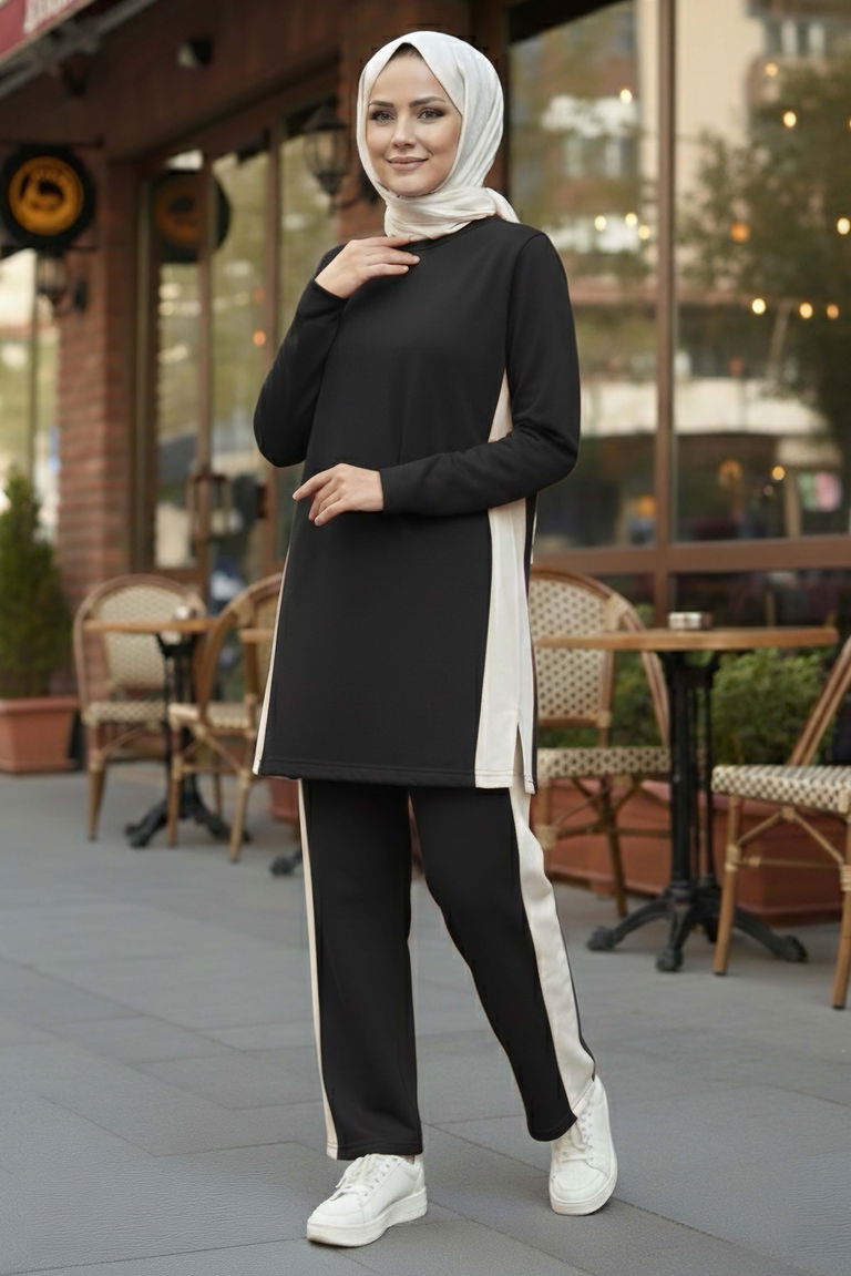 Yanları Şerit Detaylı İkili Takım - 2055-SIYAH - TOFİSA