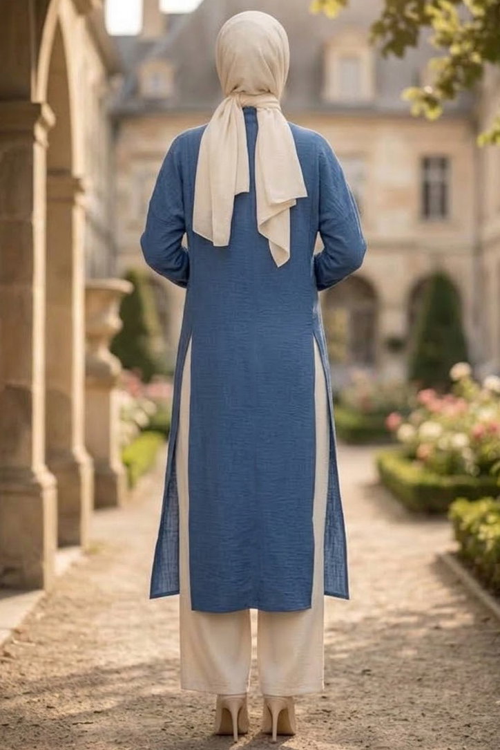 Yanları Yırtmaç Detaylı Ferace Indigo - 1344-INDIGO - 3