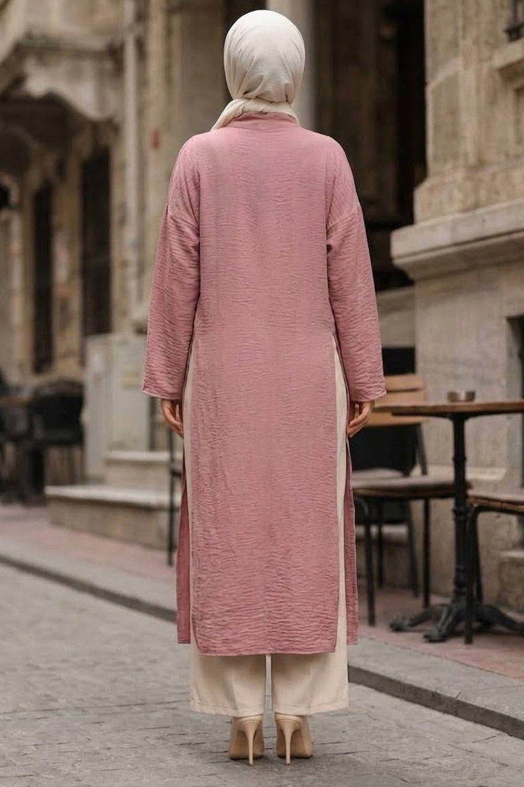 Yanları Yırtmaç Detaylı Ferace Pudra - 1344-PUDRA - 3