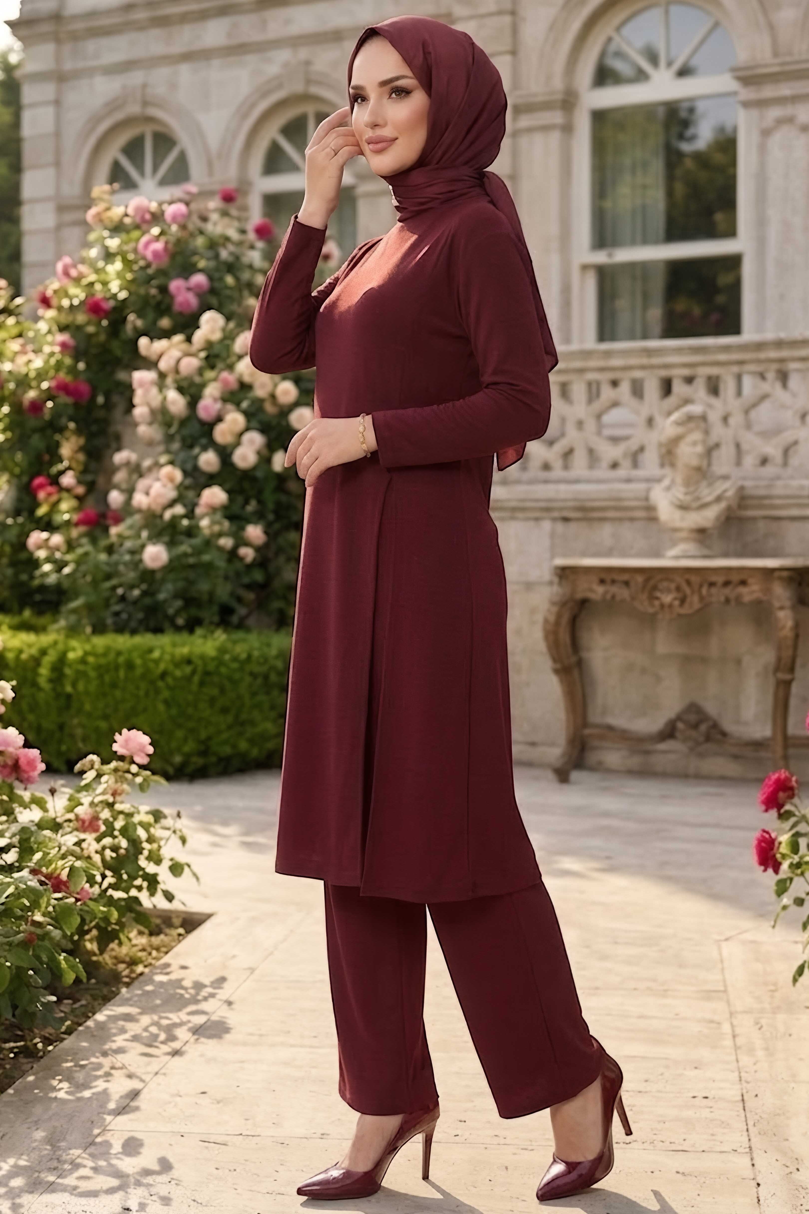 Yanları Yırtmaç Detaylı Modal İkili Takım Bordo - 28863-BORDO - 2