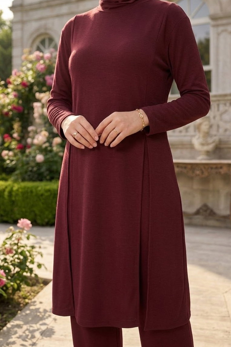 Yanları Yırtmaç Detaylı Modal İkili Takım Bordo - 28863-BORDO - 3