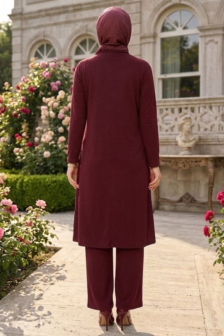 Yanları Yırtmaç Detaylı Modal İkili Takım Bordo - 28863-BORDO - 4